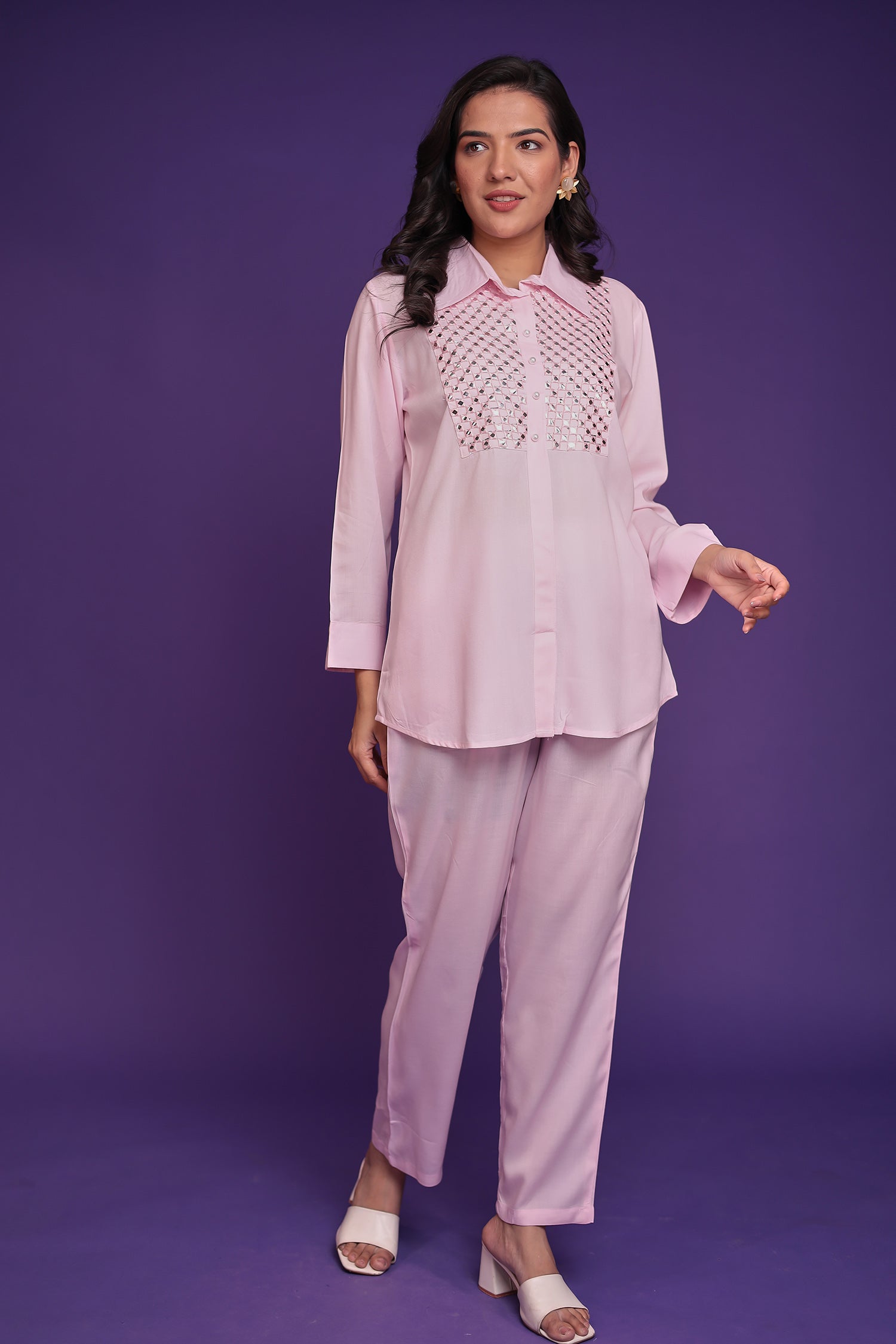 Silk Blend Co Ords Set with Thread and Foil Work