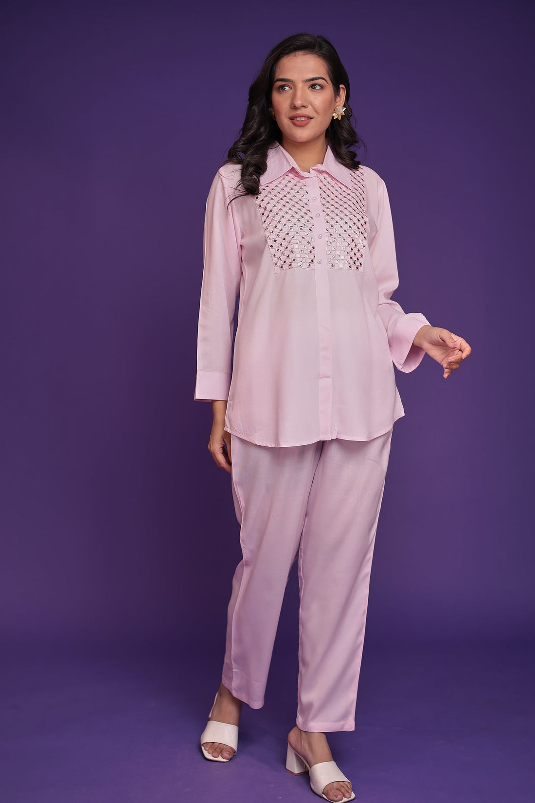 Silk Blend Co Ords Set with Thread and Foil Work