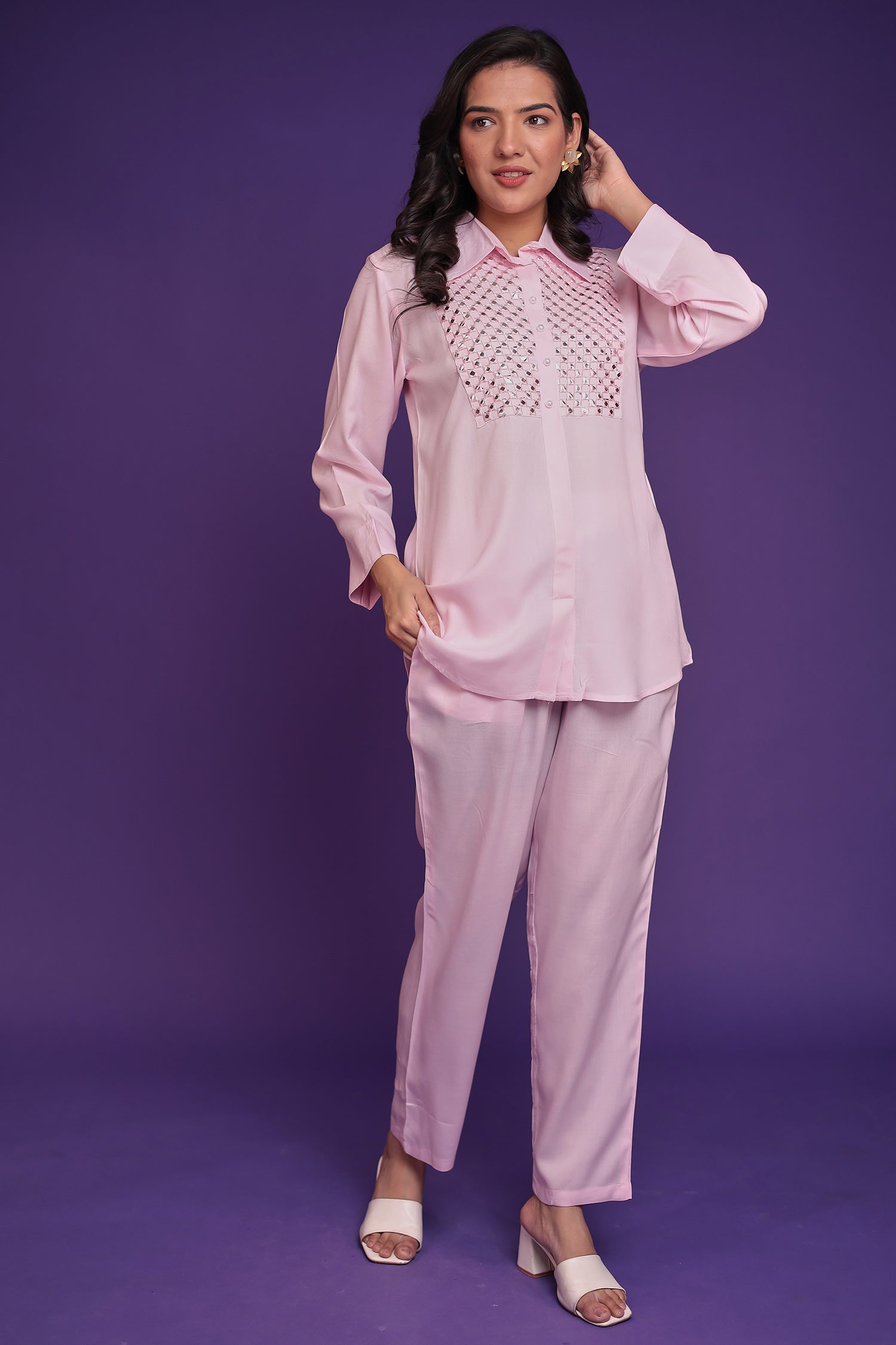 Silk Blend Co Ords Set with Thread and Foil Work