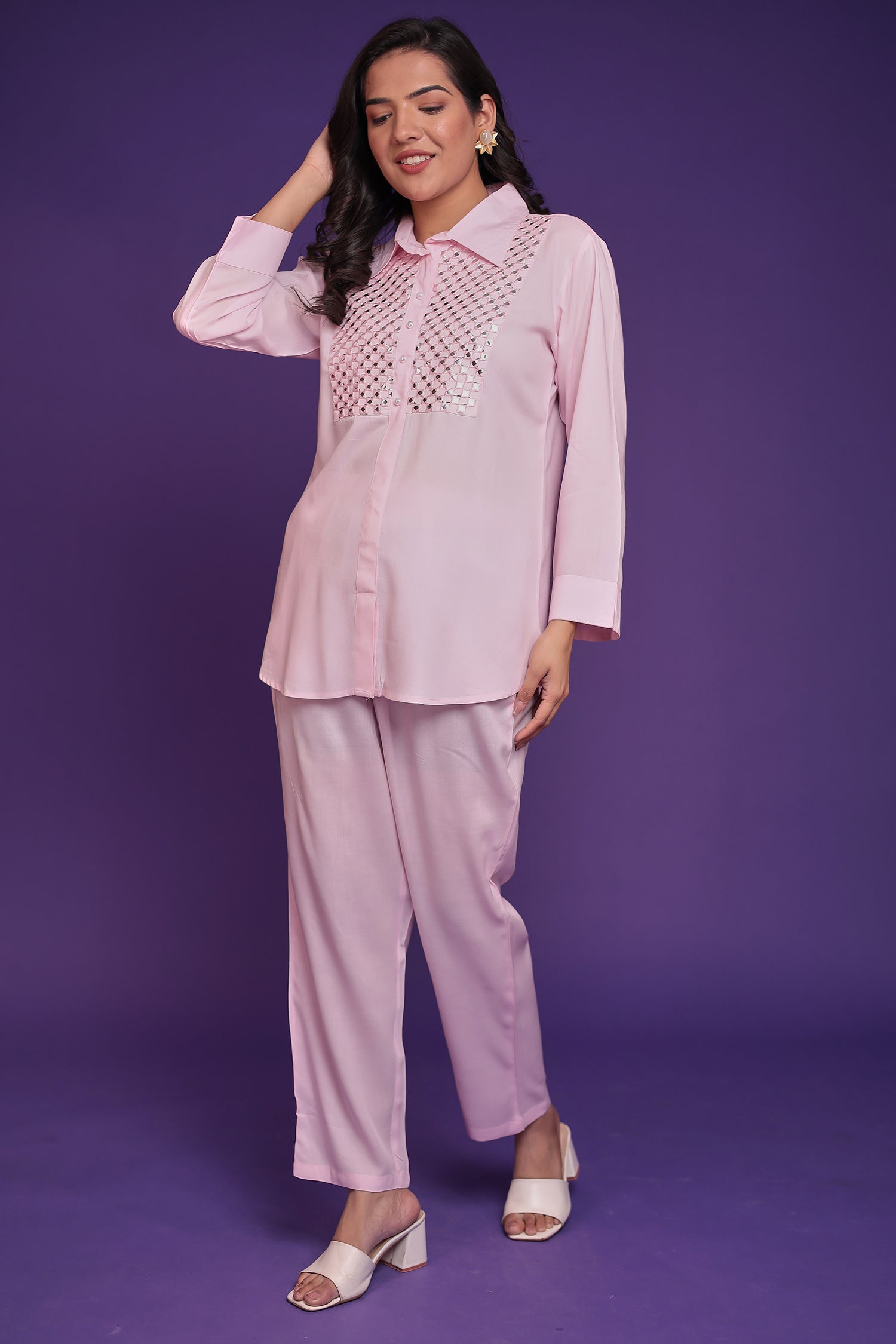 Silk Blend Co Ords Set with Thread and Foil Work