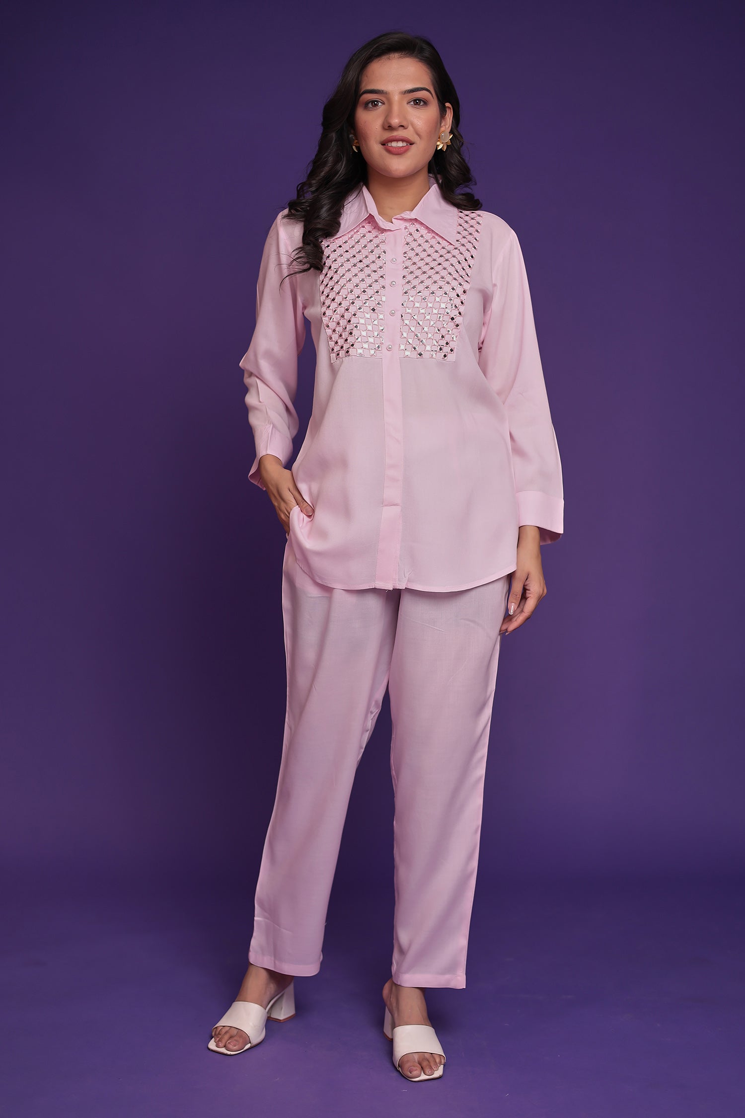 Silk Blend Co Ords Set with Thread and Foil Work