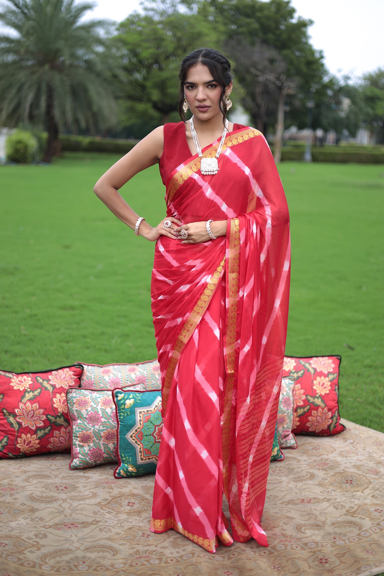Leheriya Chiffon Saree with  Zari border