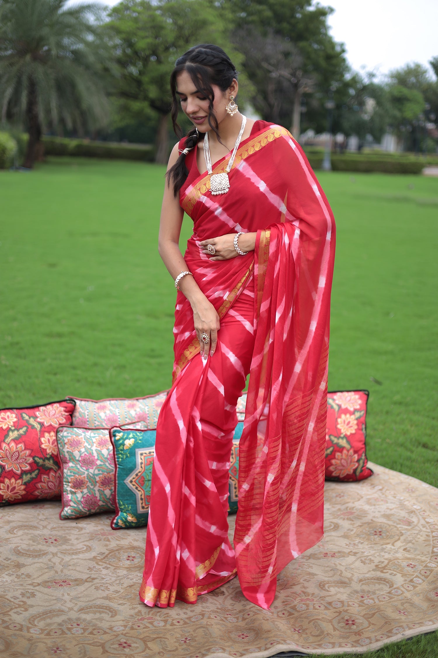 Leheriya Chiffon Saree with  Zari border