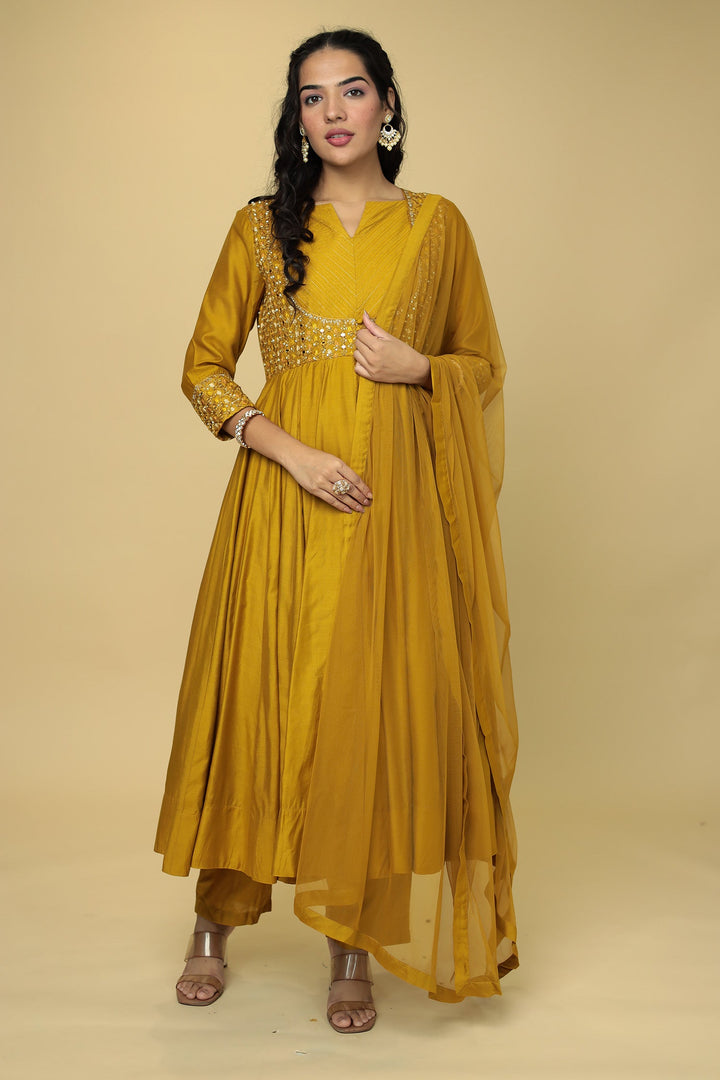 Anarkali Chanderi Suit Embroidered with Mirror work