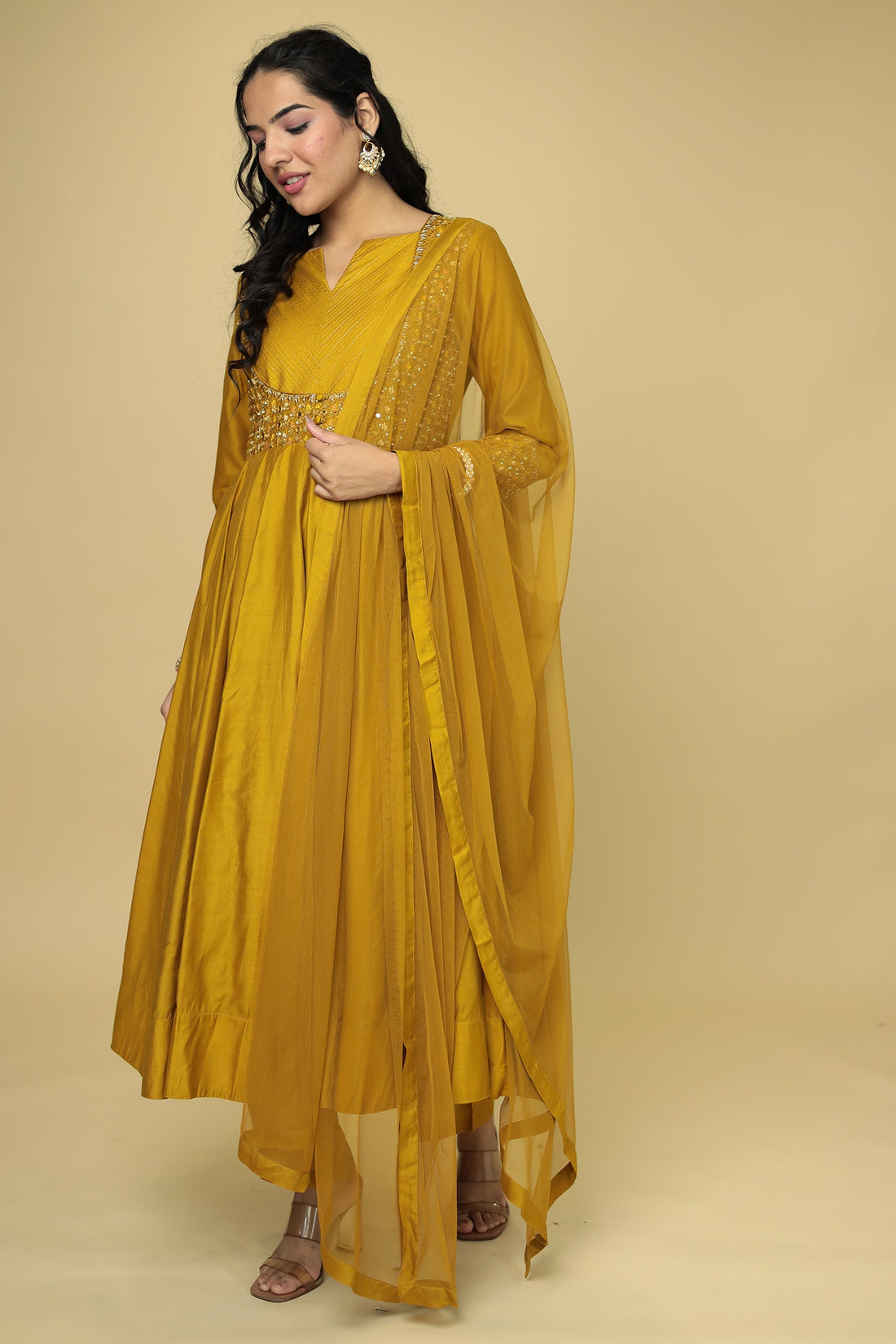 Anarkali Chanderi Suit Embroidered with Mirror work