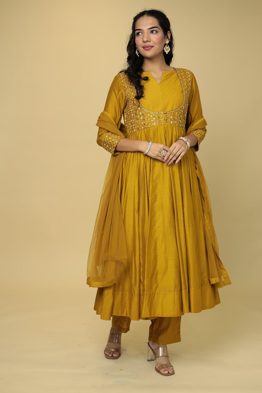 Anarkali Chanderi Suit Embroidered with Mirror work