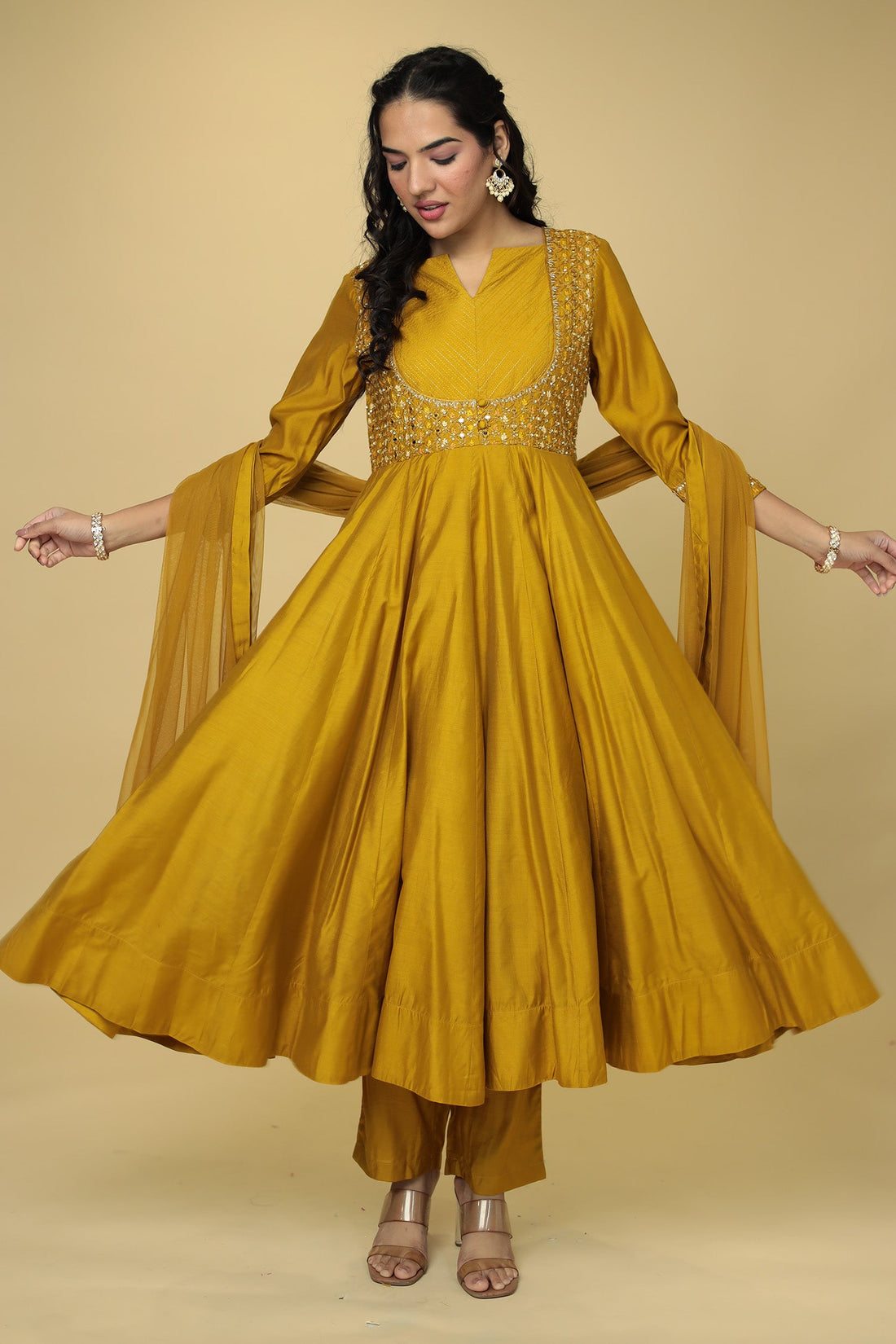 Anarkali Chanderi Suit Embroidered with Mirror work