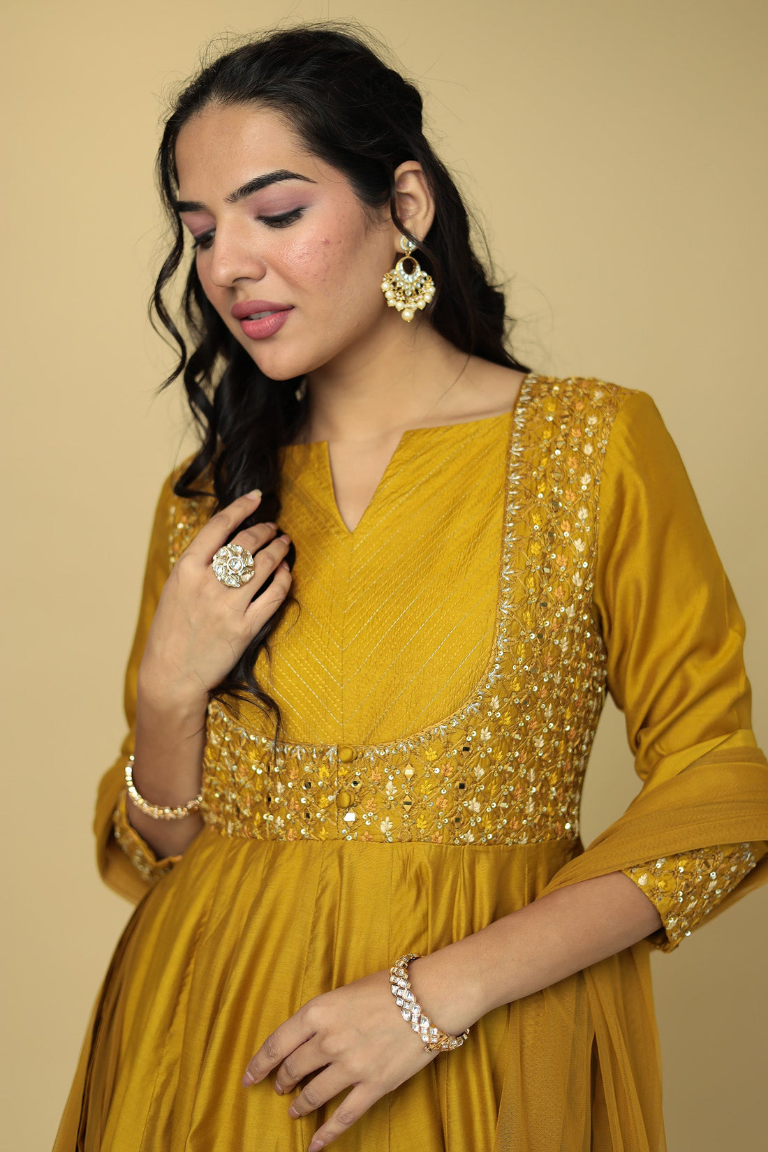 Anarkali Chanderi Suit Embroidered with Mirror work