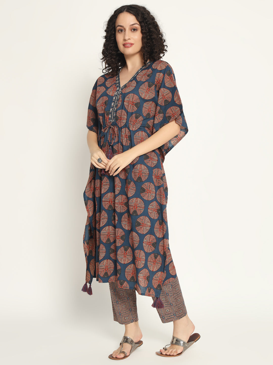 Printed Cotton Kaftan Set with Mirror work