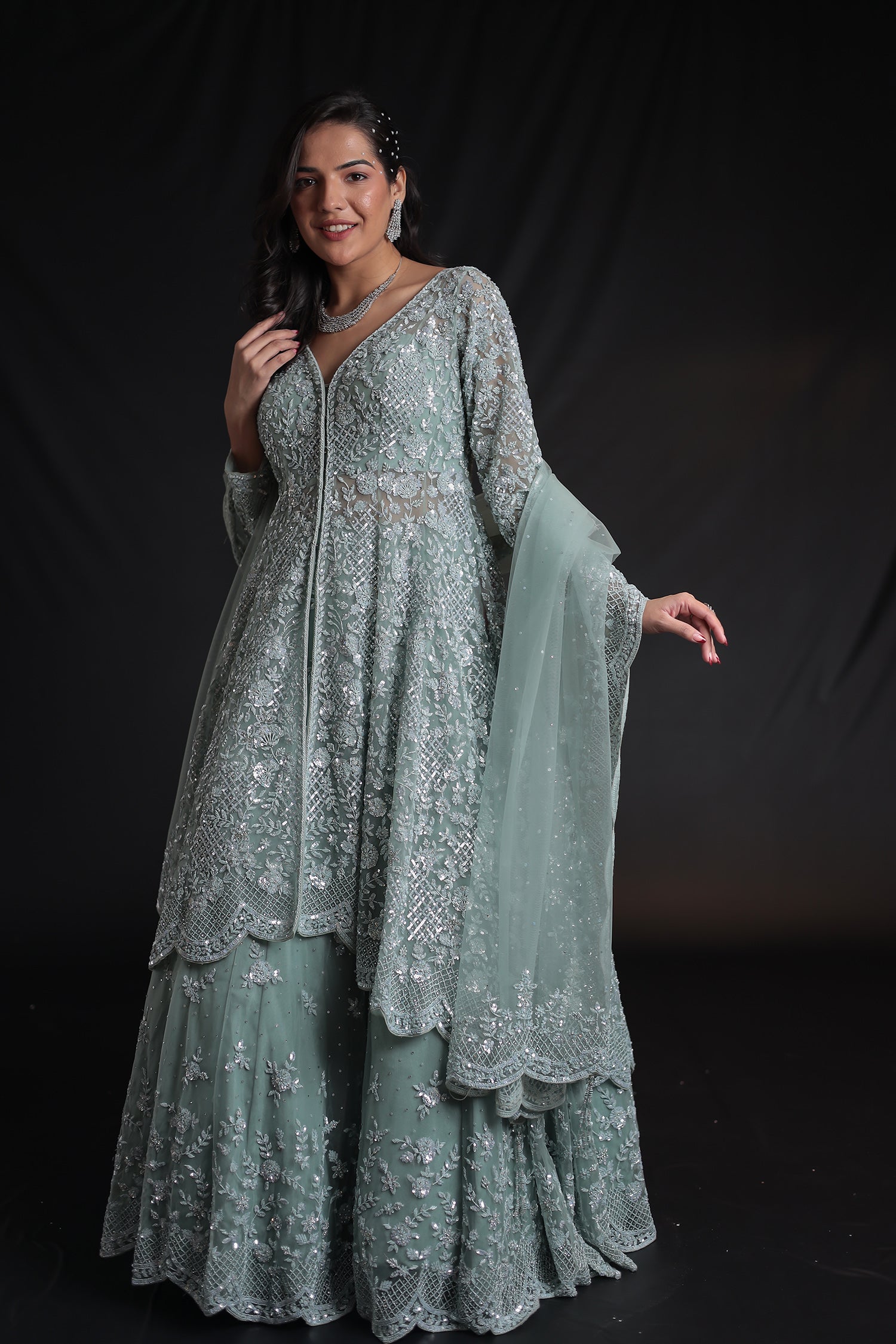 Embellished Net Indowestern Lehenga with Cutdana Work