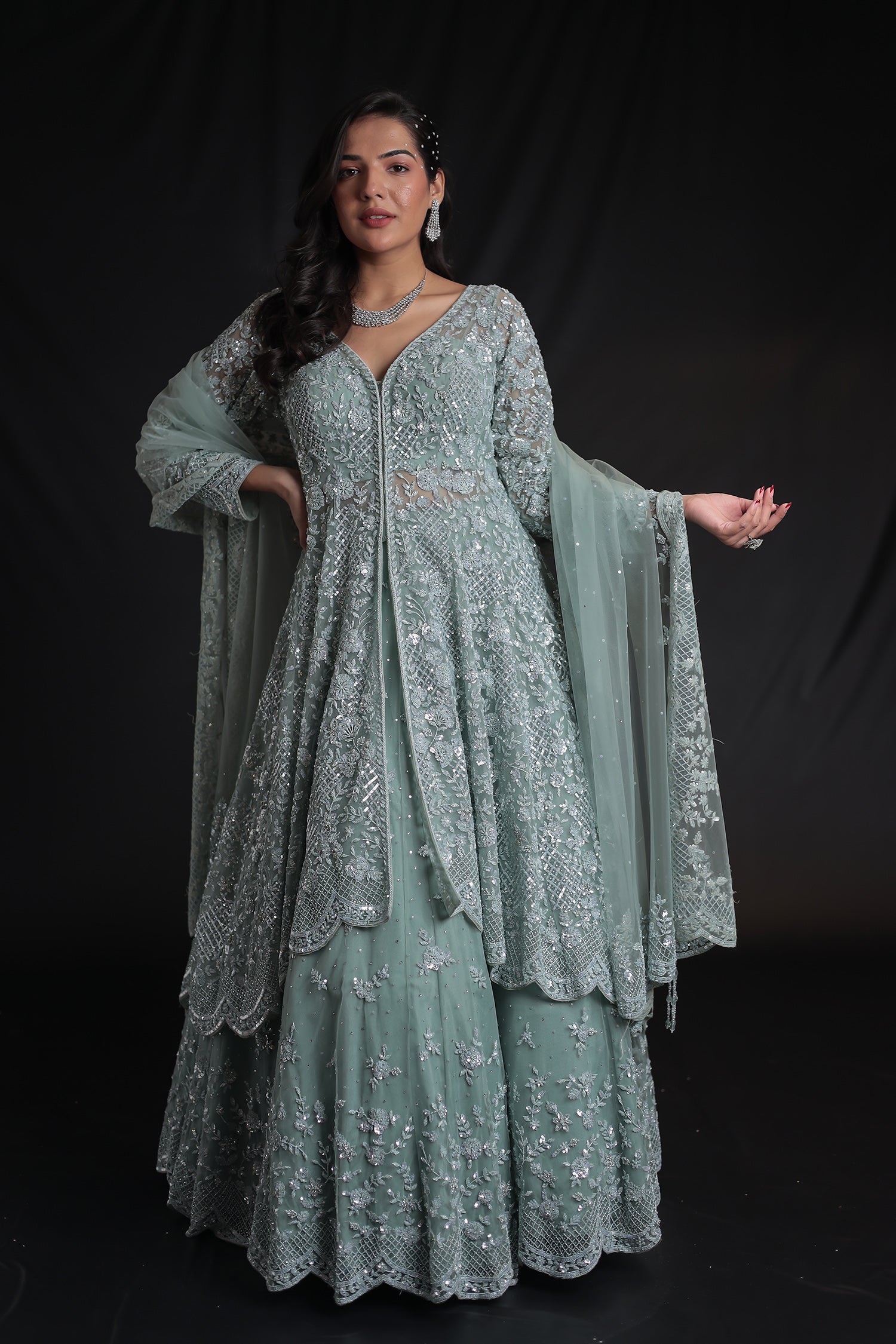 Embellished Net Indowestern Lehenga with Cutdana Work