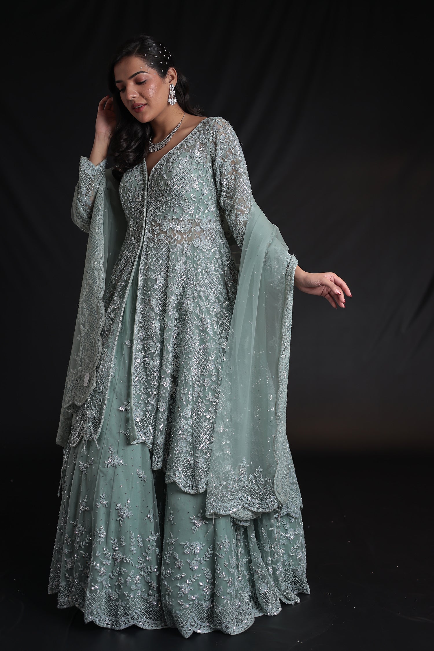 Embellished Net Indowestern Lehenga with Cutdana Work