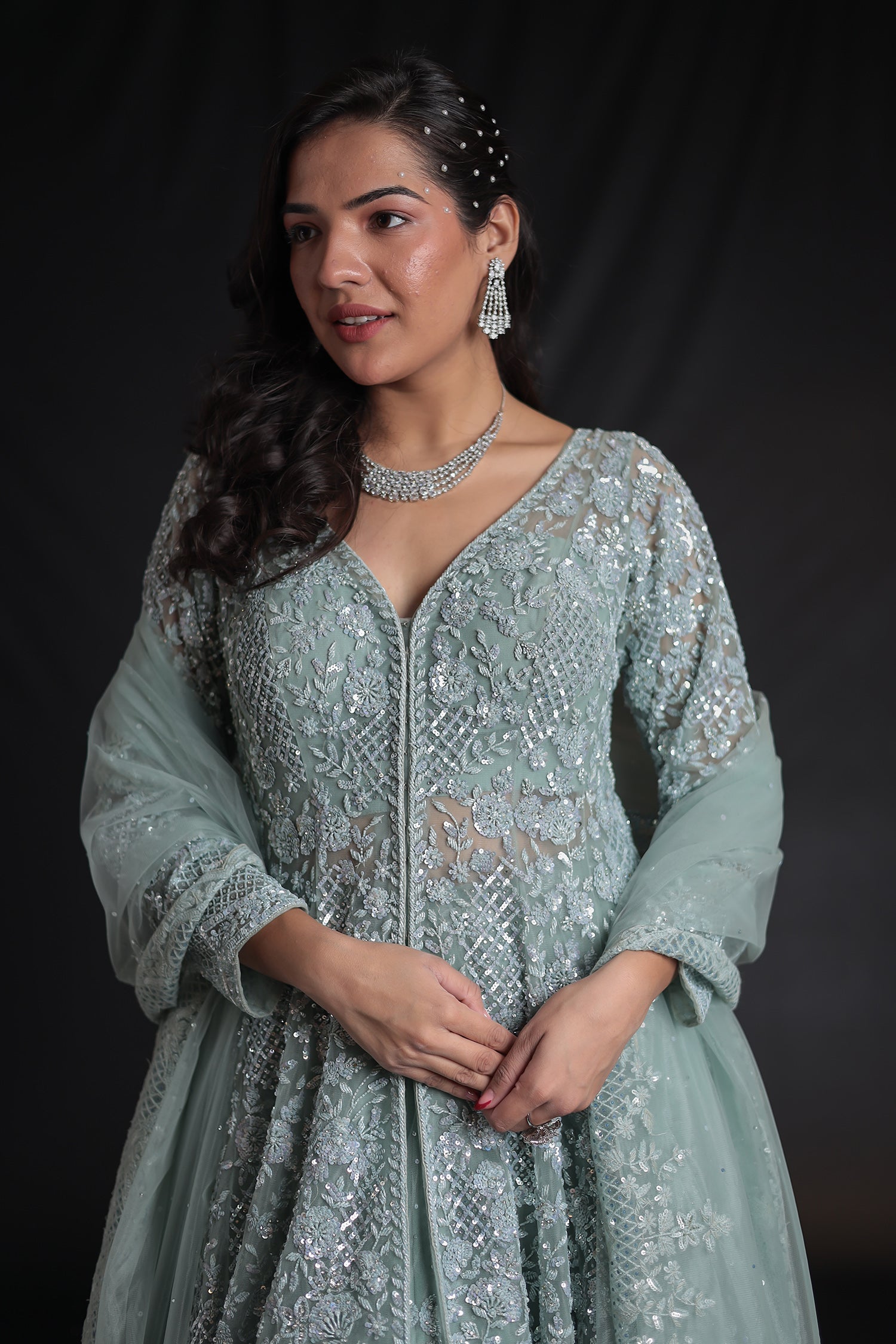 Embellished Net Indowestern Lehenga with Cutdana Work