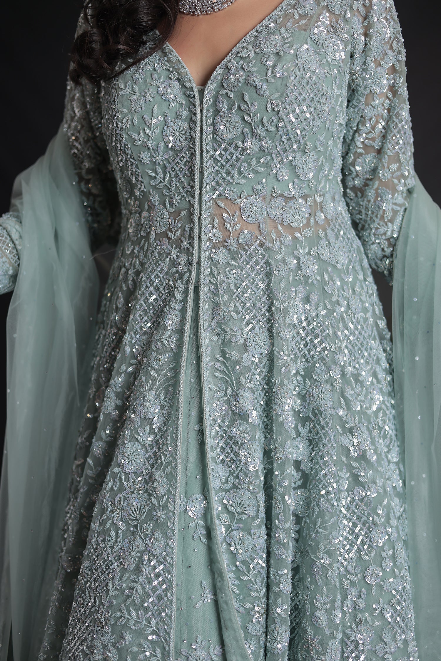 Embellished Net Indowestern Lehenga with Cutdana Work