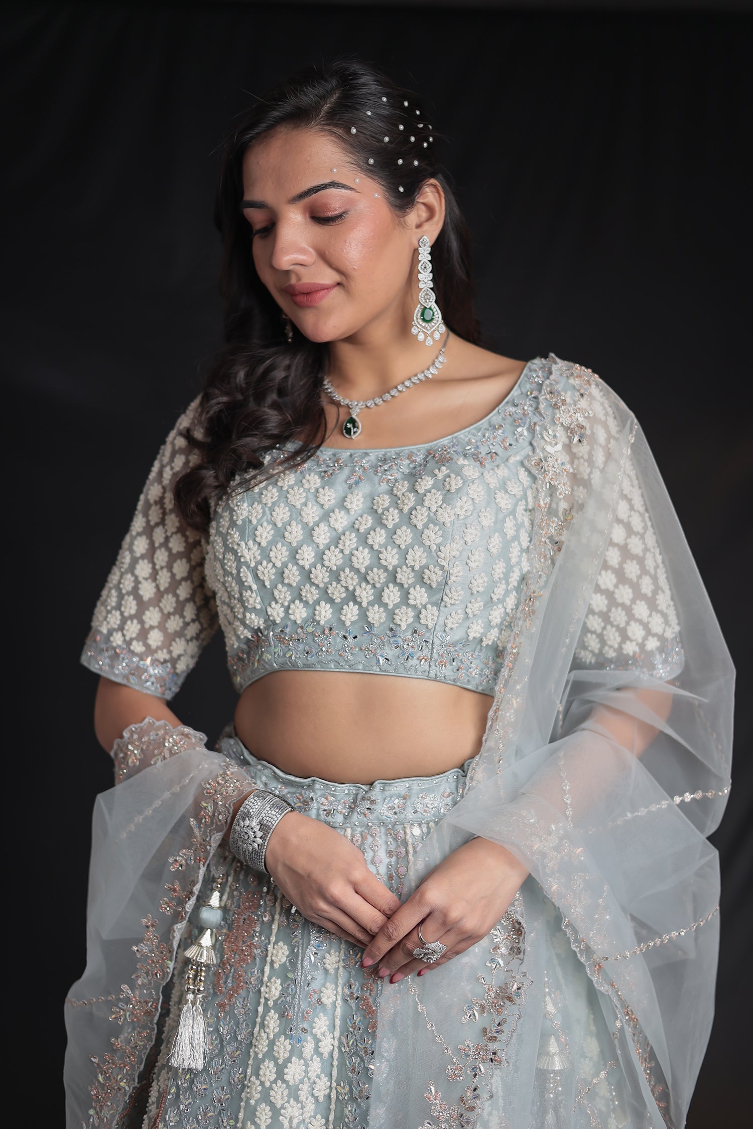Net Lehenga with Threadwork and Embellished Detailing