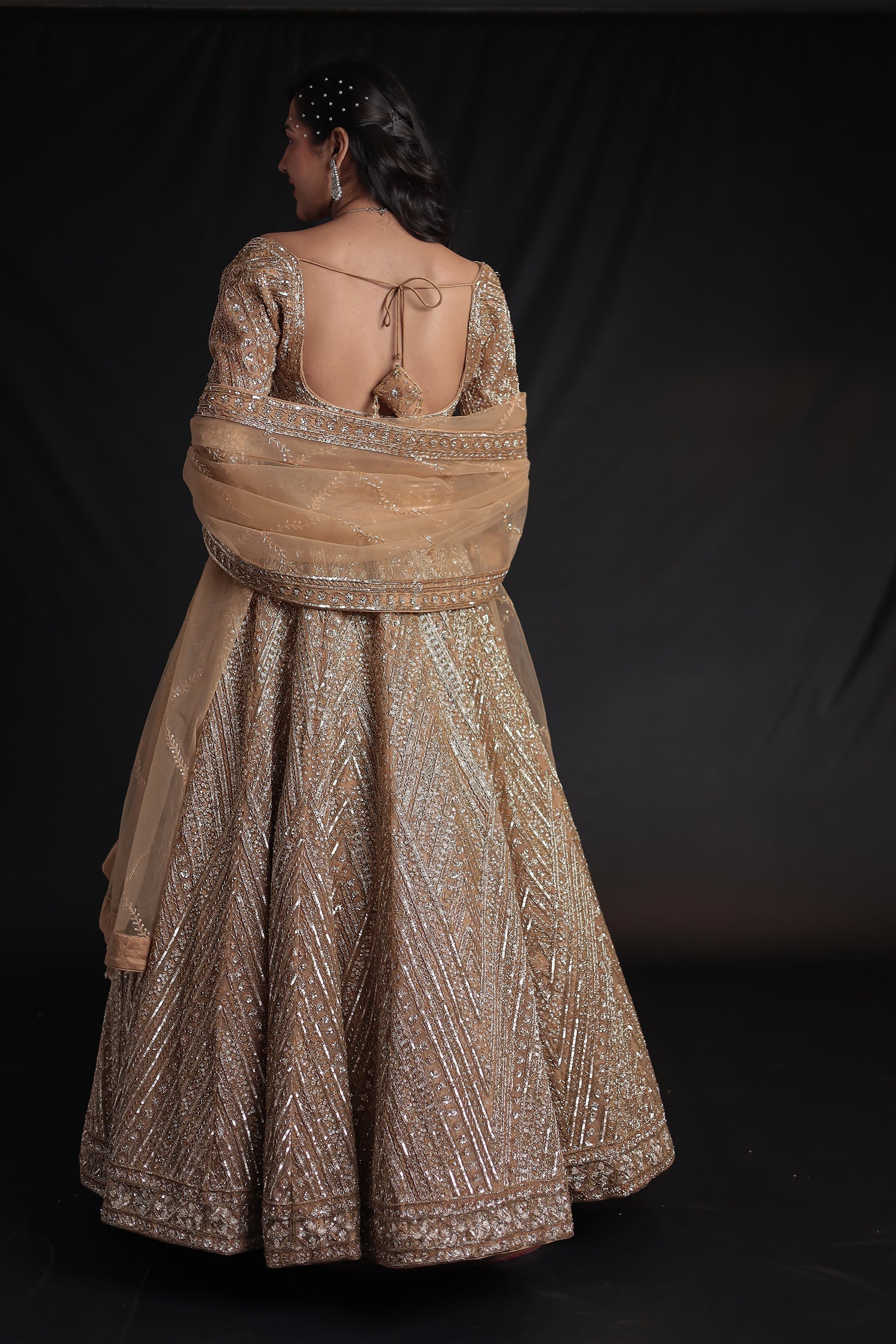 Net Lehenga with Cutdana embroidery.