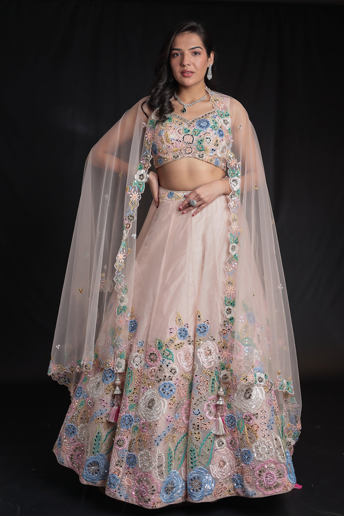 Organza Lehenga intricate with Thread work and Embellishment