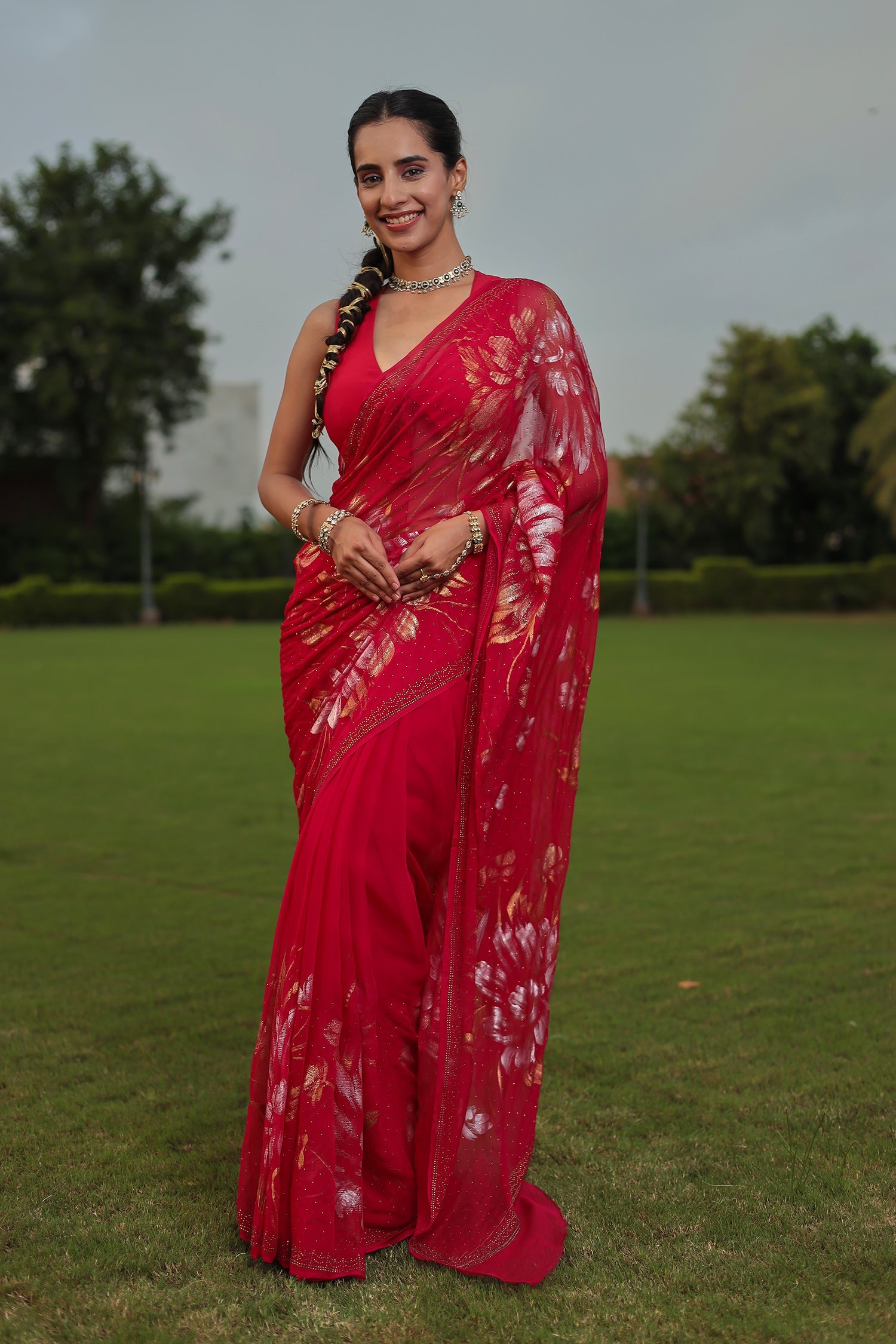 Chiffon Saree Adorned with Swarovski and Foil Print