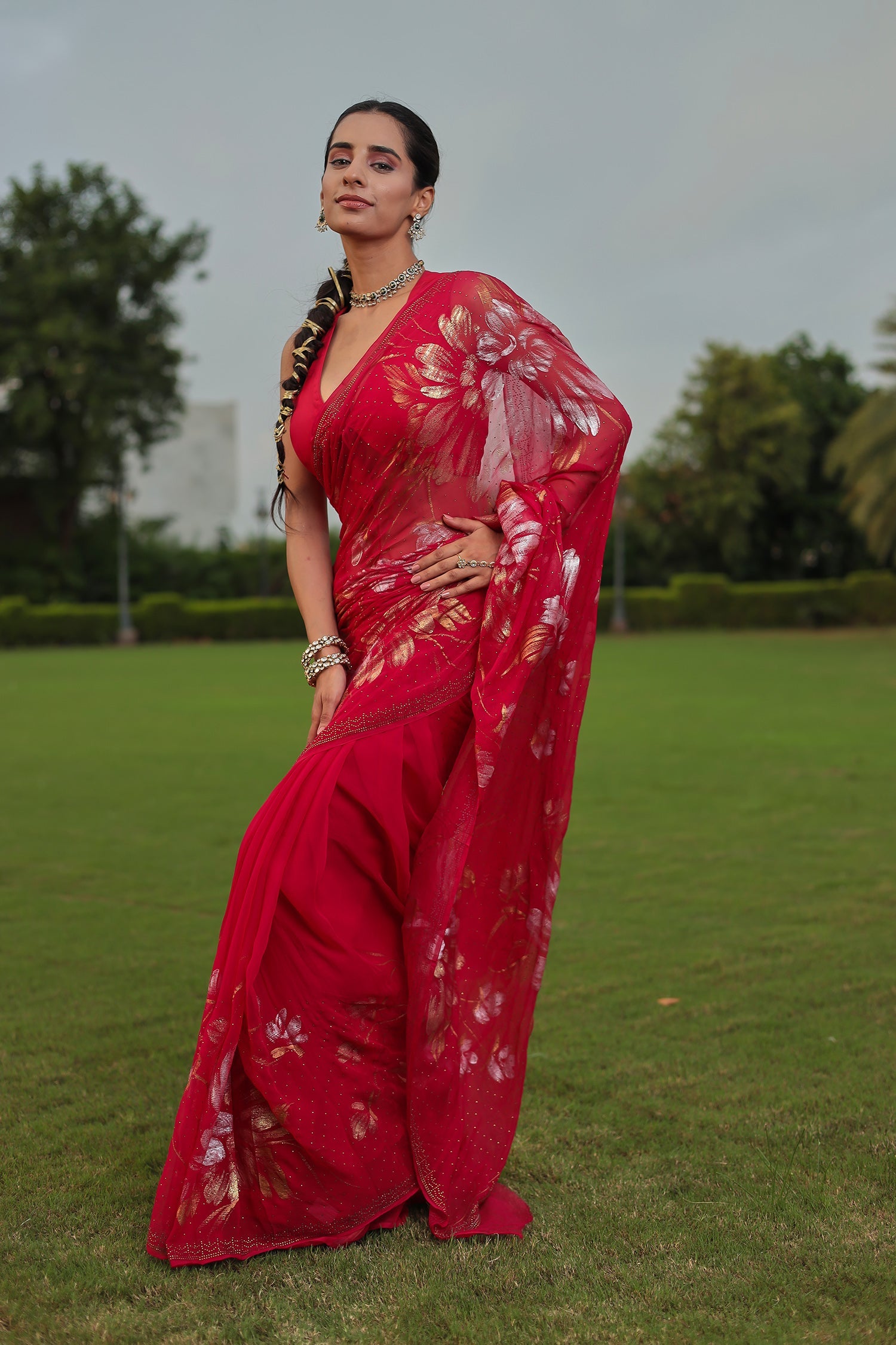 Foil Print Chiffon Saree with Swarovski work