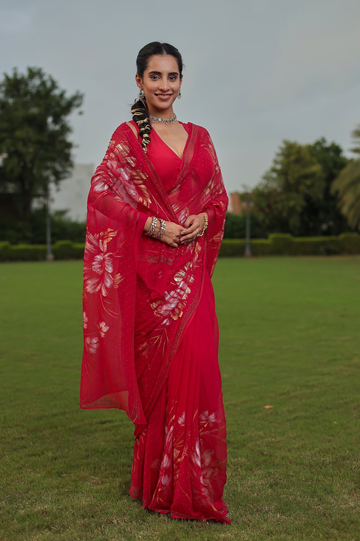 Chiffon Saree Adorned with Swarovski and Foil Print