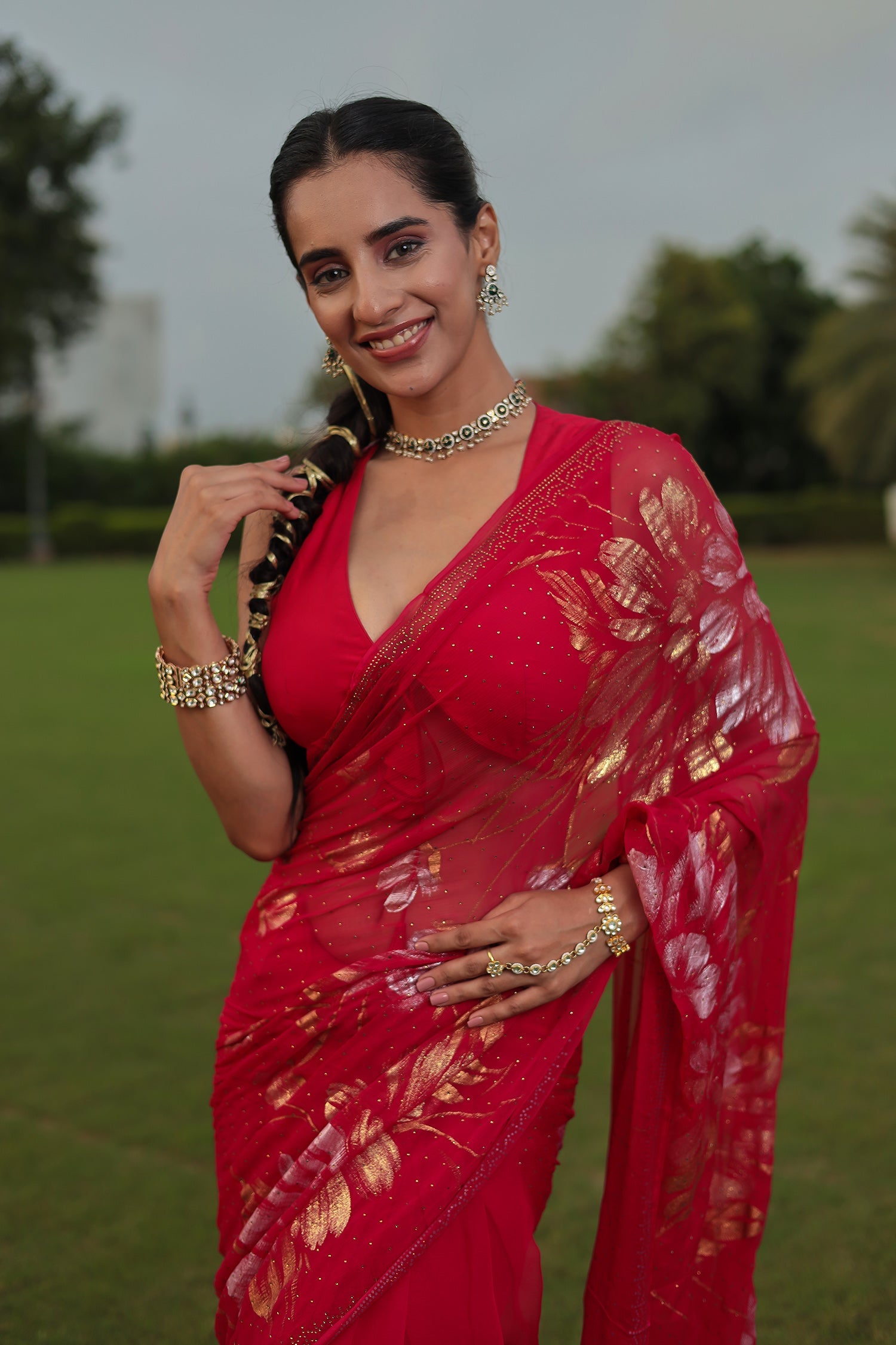 Chiffon Saree Adorned with Swarovski and Foil Print