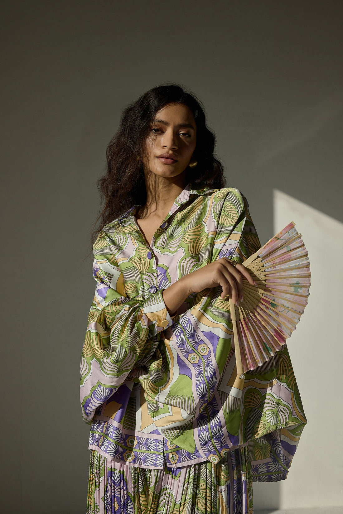 Purple Green Abastract Print Satin Co Ords Set With Pleated Pant