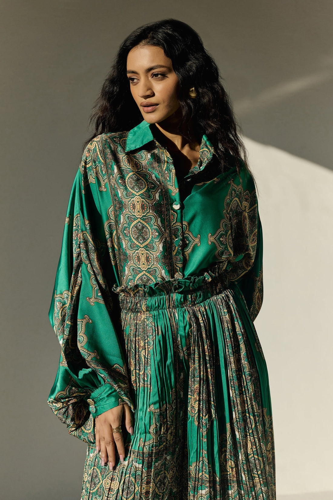 Green Abastract Print Satin Co Ords Set With Pleated Pant