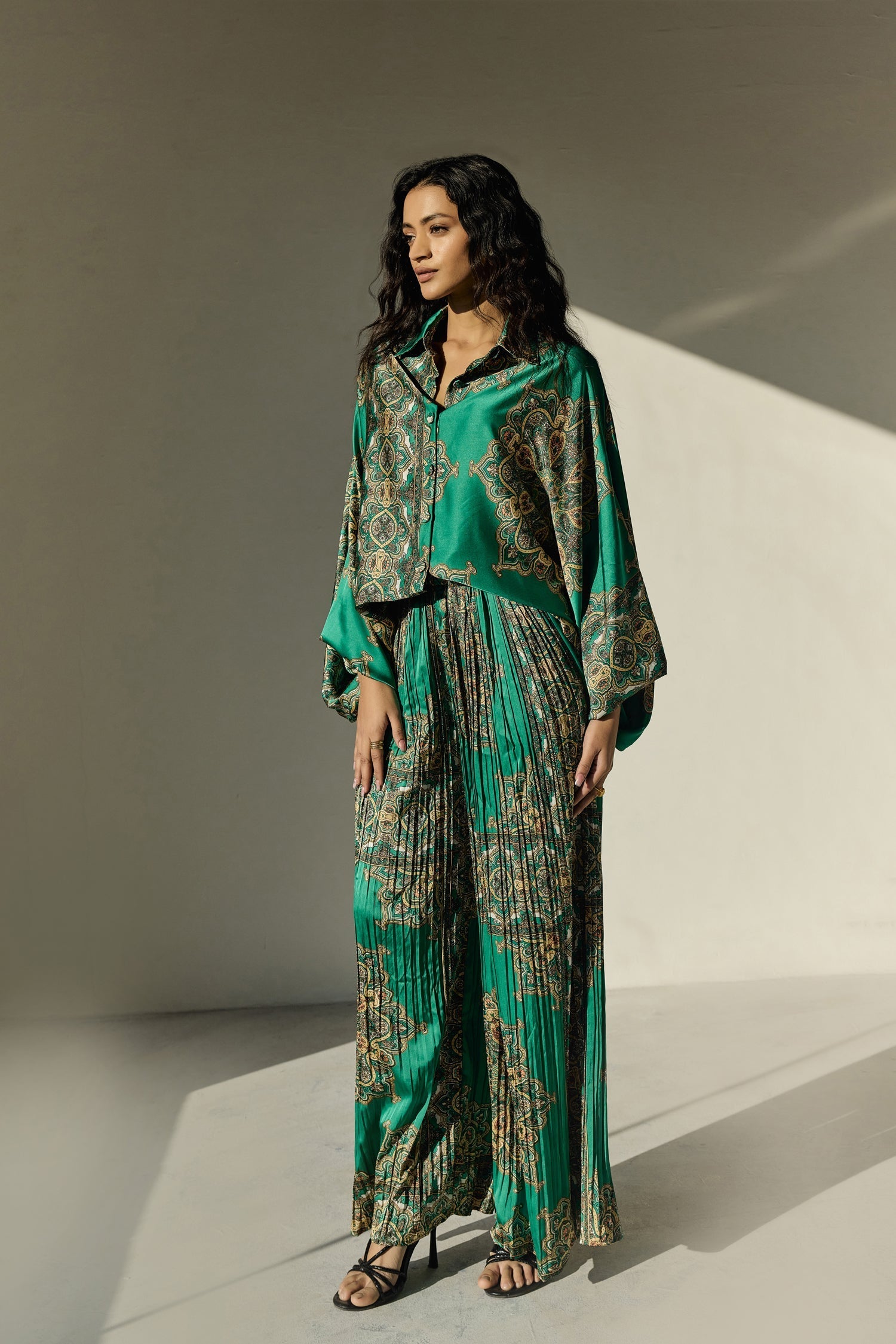 Green Abastract Print Satin Co Ords Set With Pleated Pant