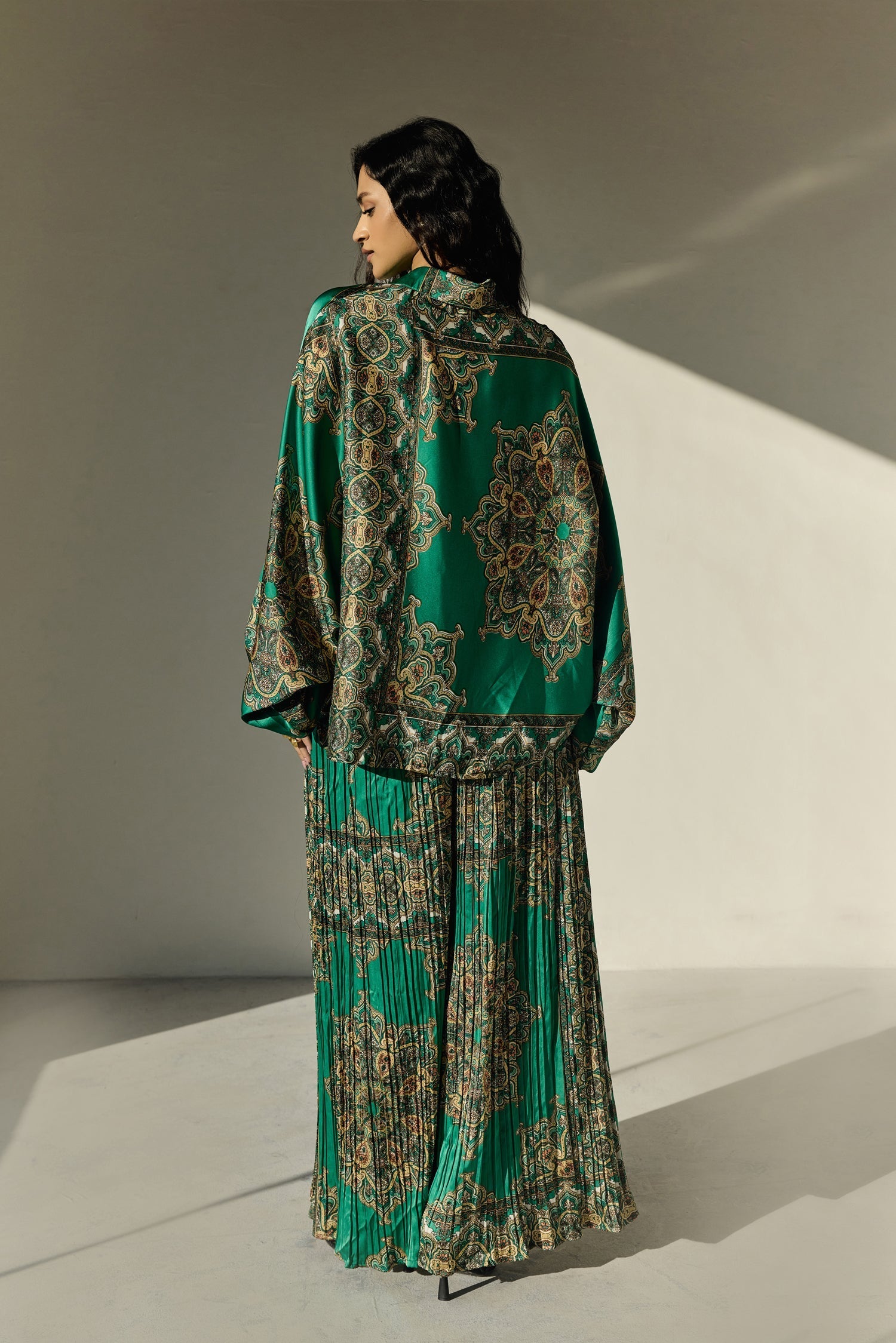 Green Abastract Print Satin Co Ords Set With Pleated Pant