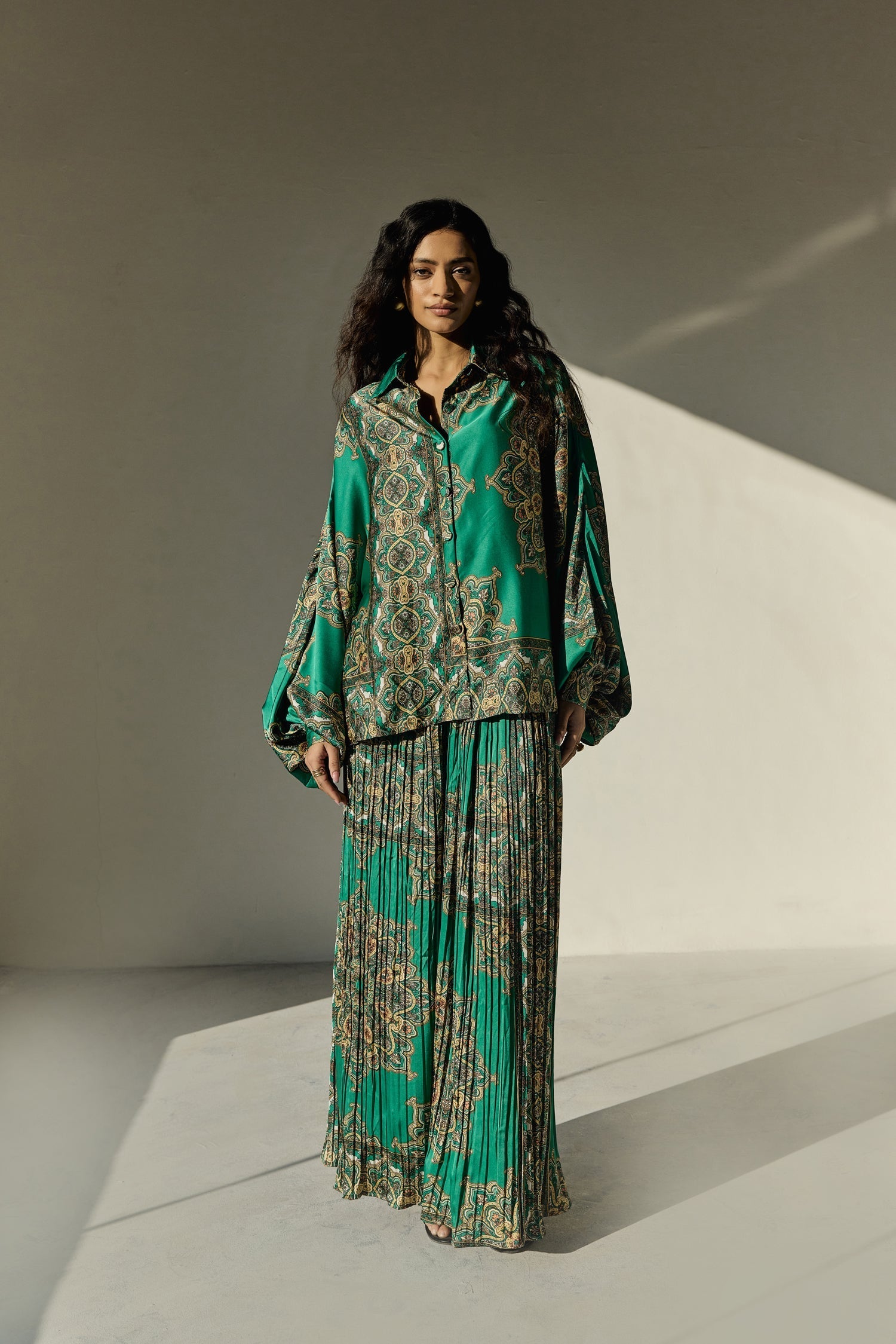 Green Abastract Print Satin Co Ords Set With Pleated Pant