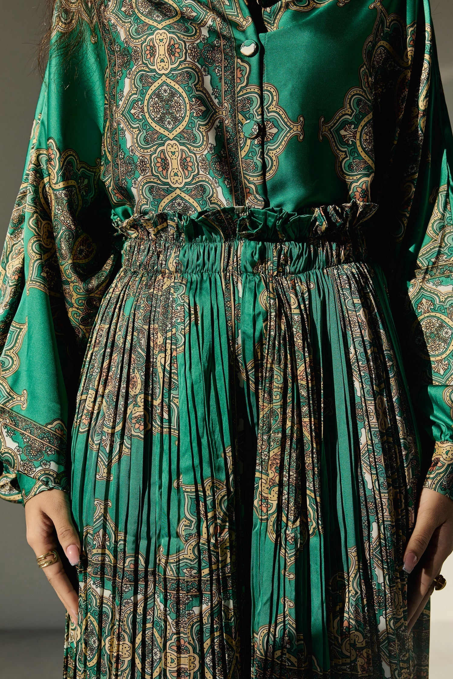 Green Abastract Print Satin Co Ords Set With Pleated Pant