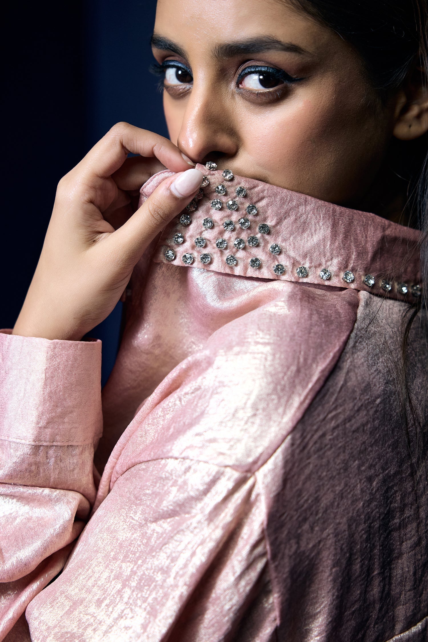Rose Gold Shimmer Shirt With Swarovski Studded Collar