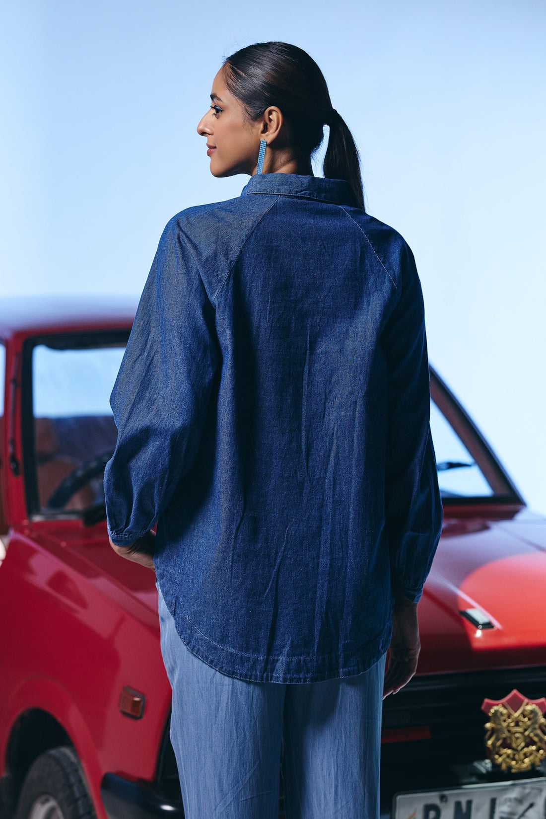 Casual Denim Blue Color Shirt with Flower Detailing