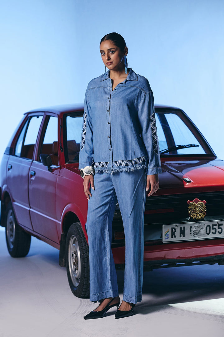 Casual Denim Blue Color Co Ords Set with detailed Embroidery