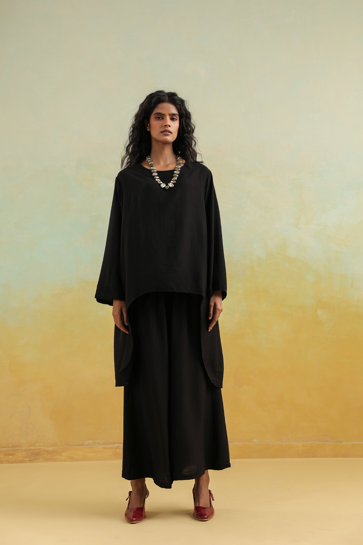 Black Cotton Silk Co-Ord Set with Round Neck Top & Wide Palazzo