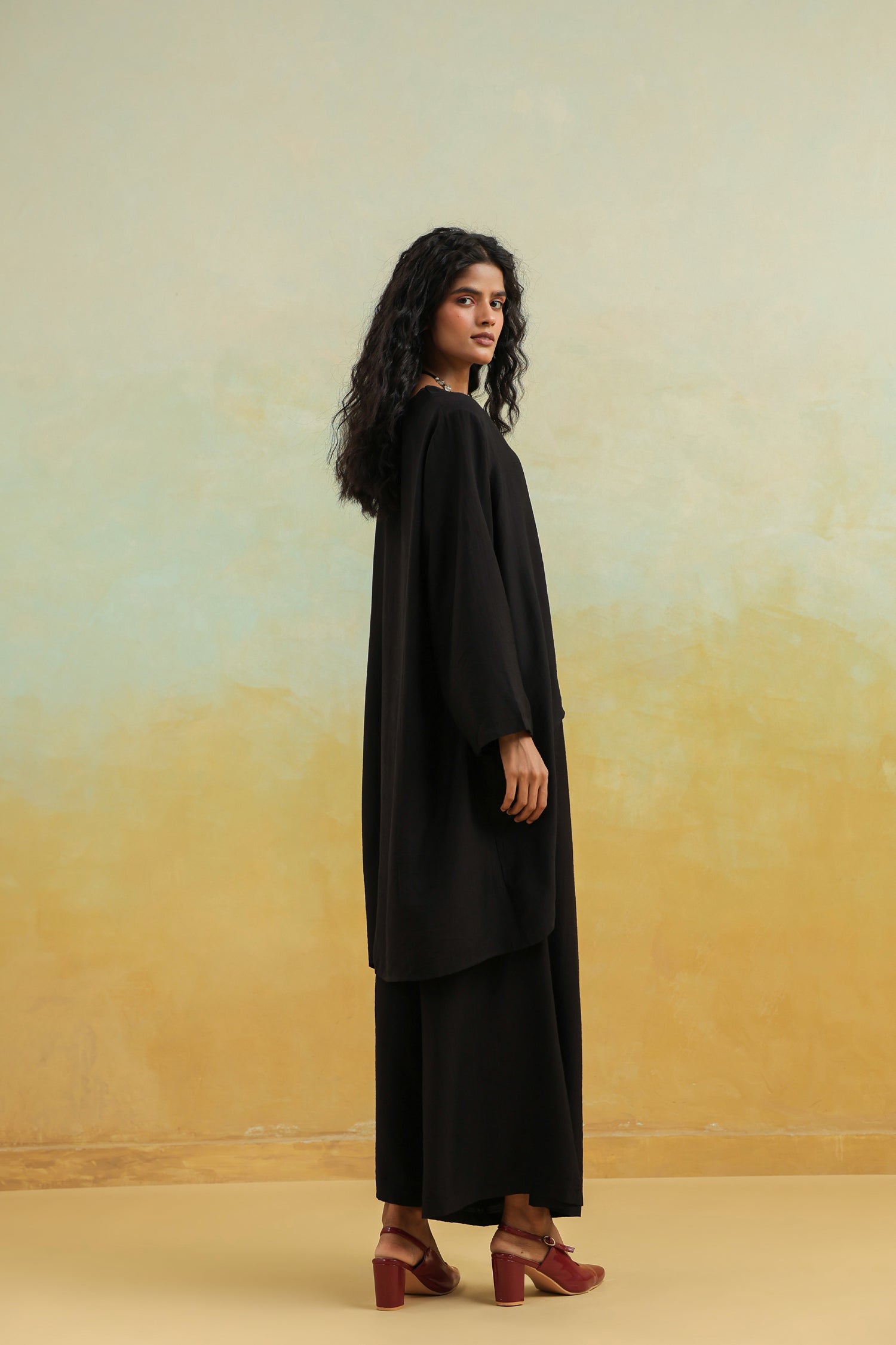 Black Cotton Silk Co-Ord Set with Round Neck Top & Wide Palazzo
