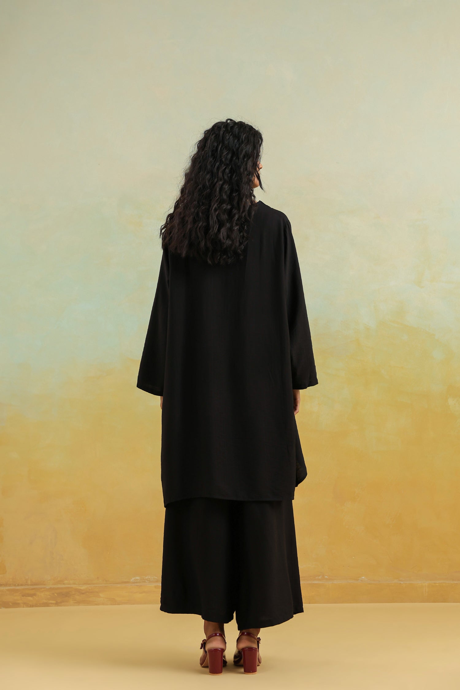 Black Cotton Silk Co-Ord Set with Round Neck Top & Wide Palazzo