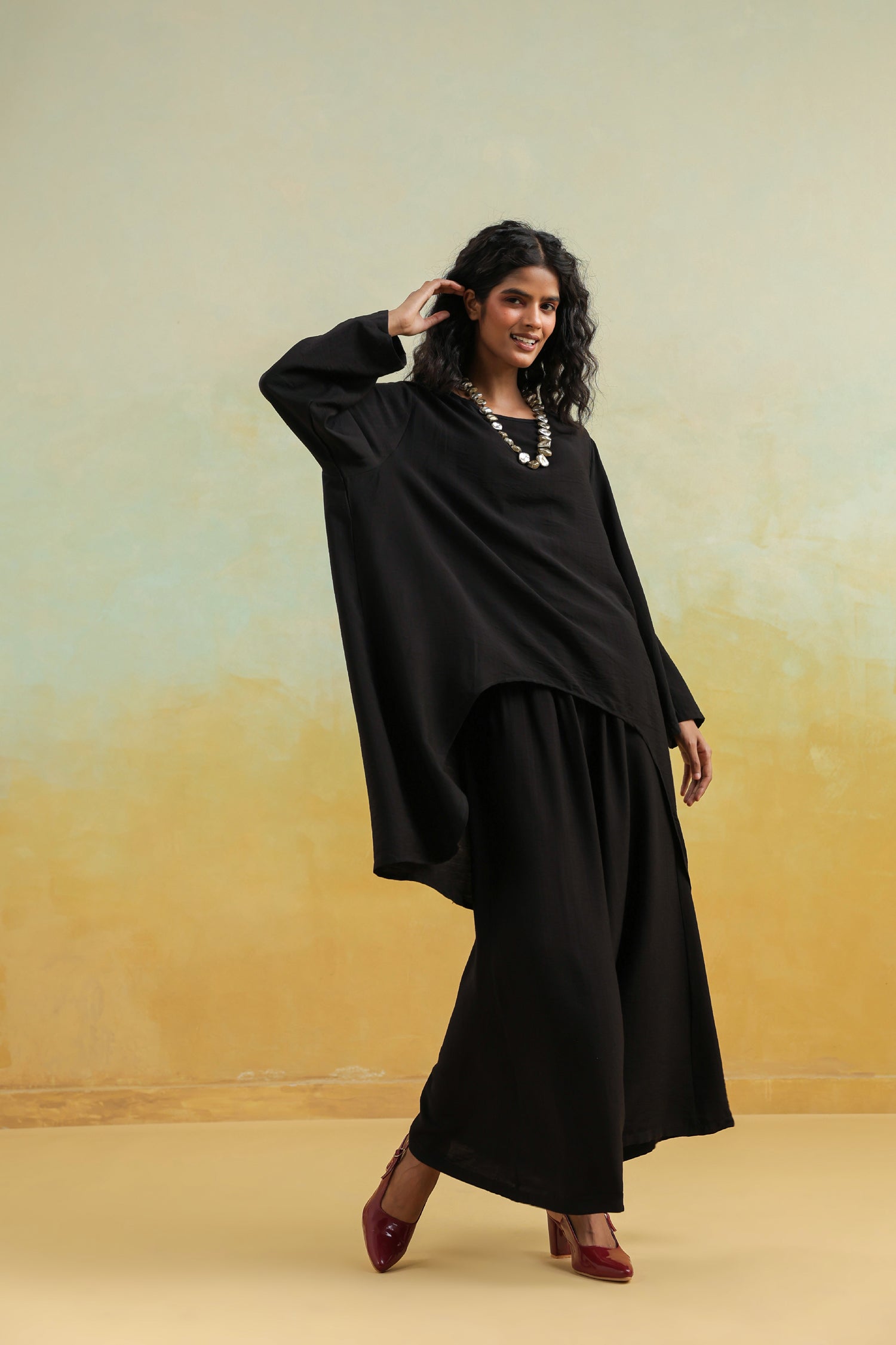 Black Cotton Silk Co-Ord Set with Round Neck Top & Wide Palazzo