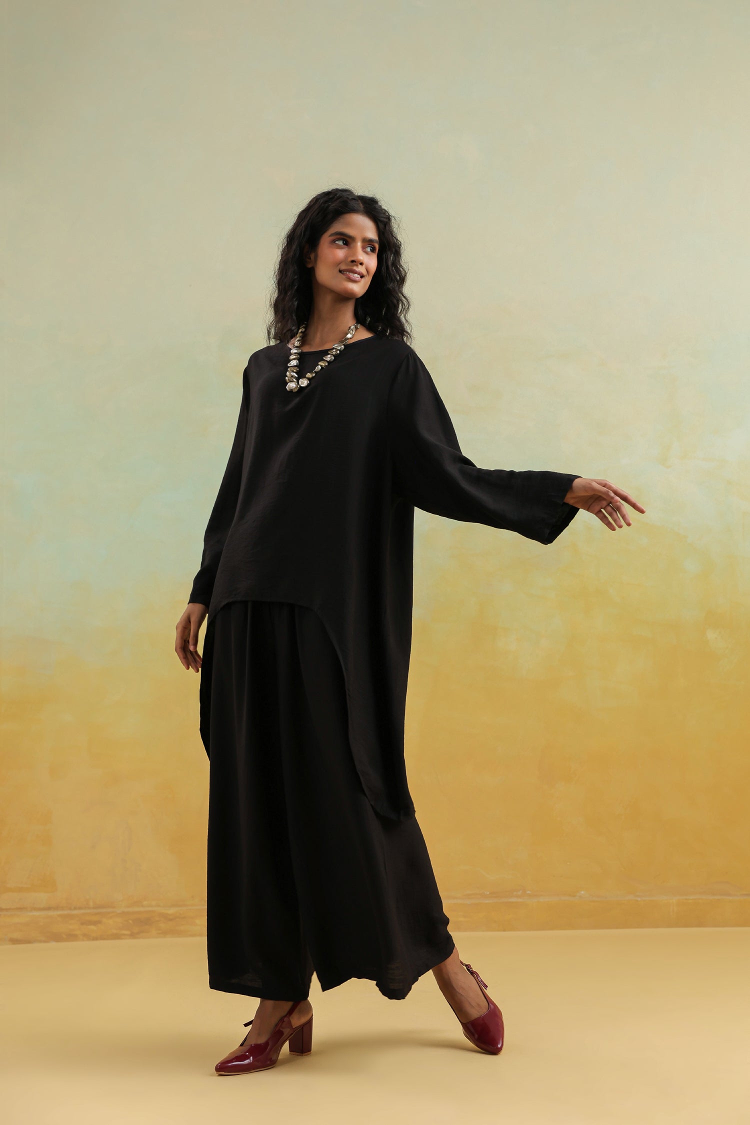 Black Cotton Silk Co-Ord Set with Round Neck Top & Wide Palazzo