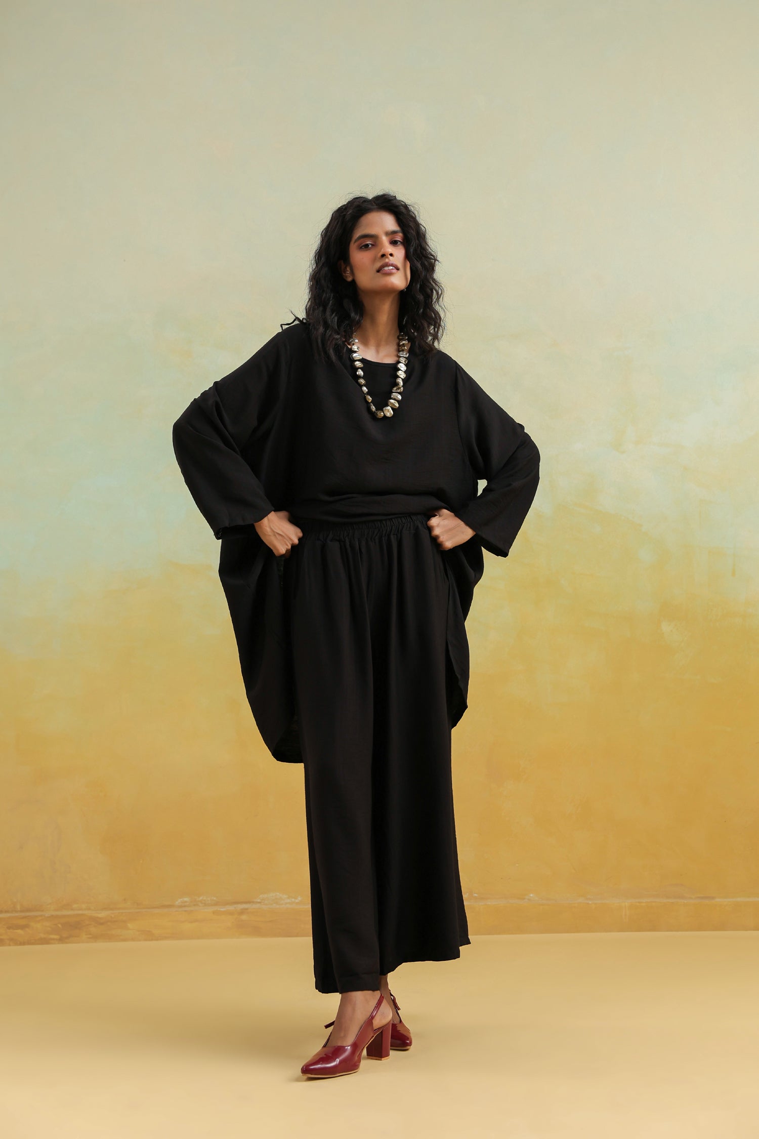 Black Cotton Silk Co-Ord Set with Round Neck Top & Wide Palazzo