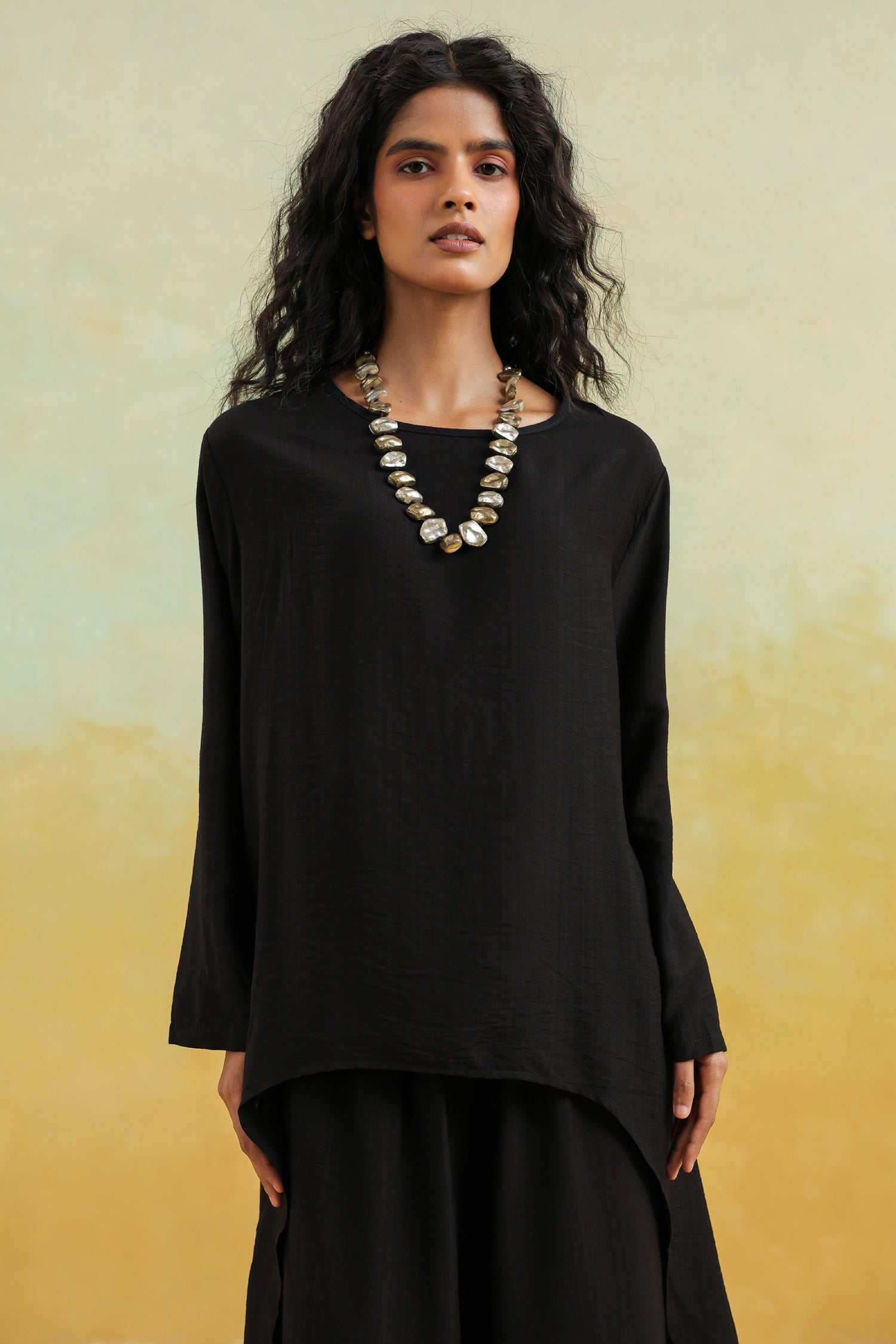 Black Cotton Silk Co-Ord Set with Round Neck Top & Wide Palazzo