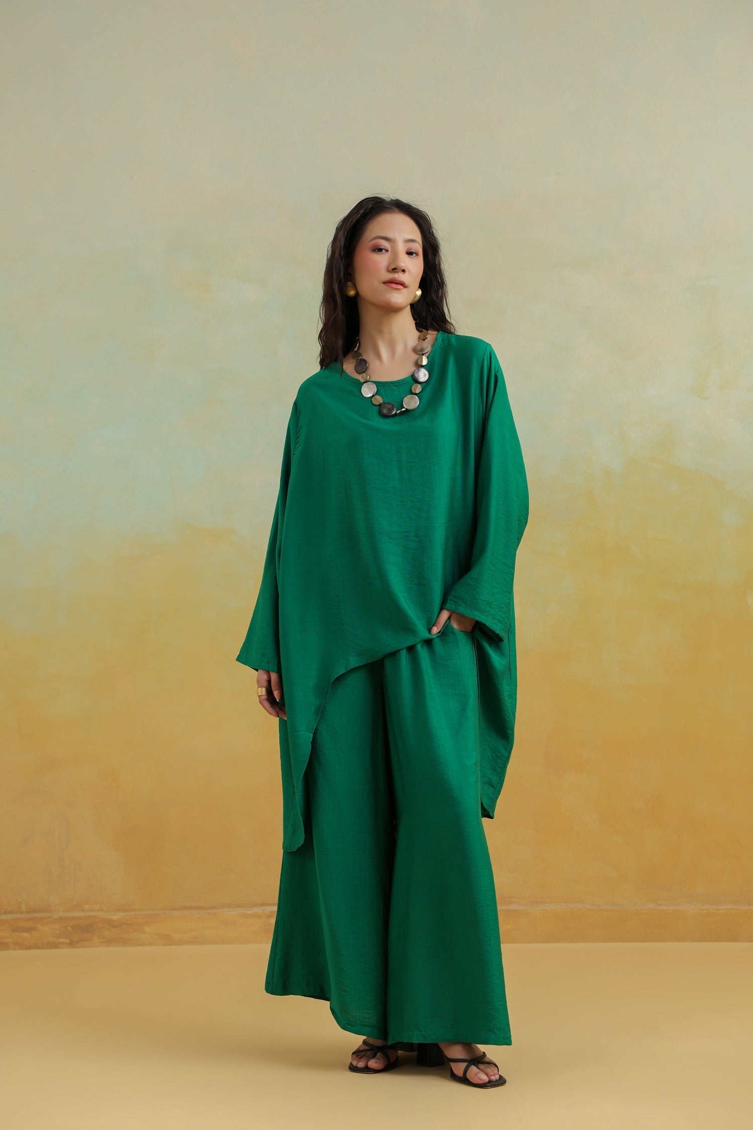 Dark Green Anti fit Co-Ord Set | Cotton Silk Top & Wide Palazzo