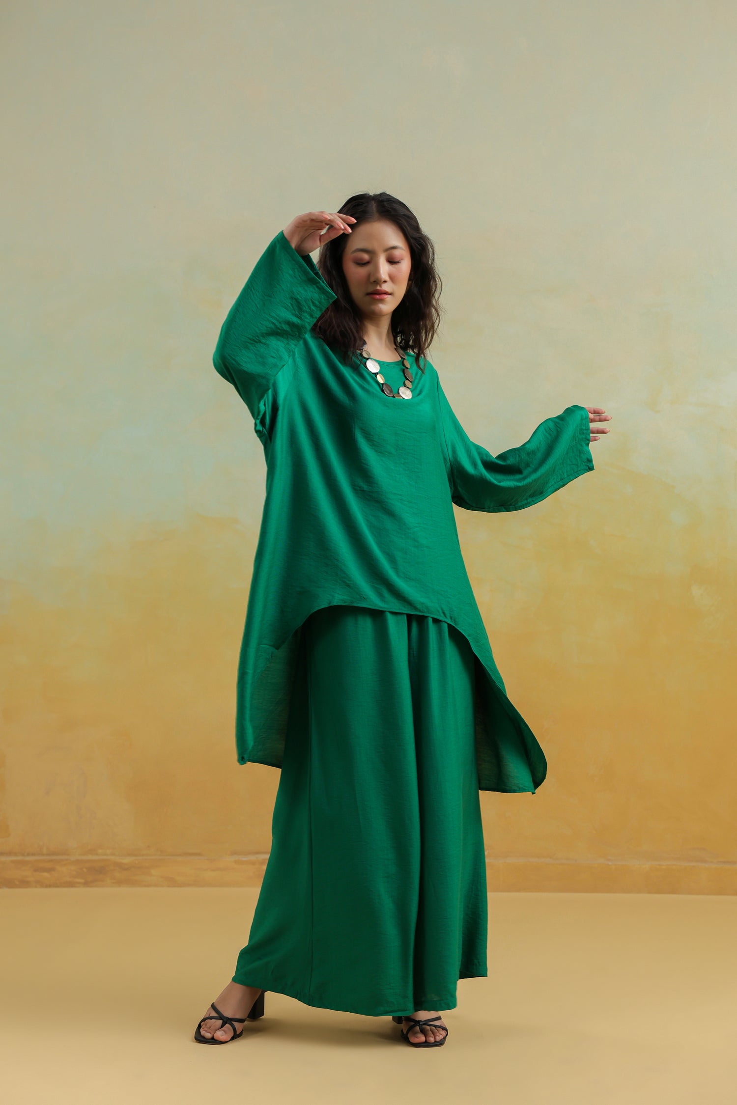 Dark Green Anti fit Co-Ord Set | Cotton Silk Top & Wide Palazzo