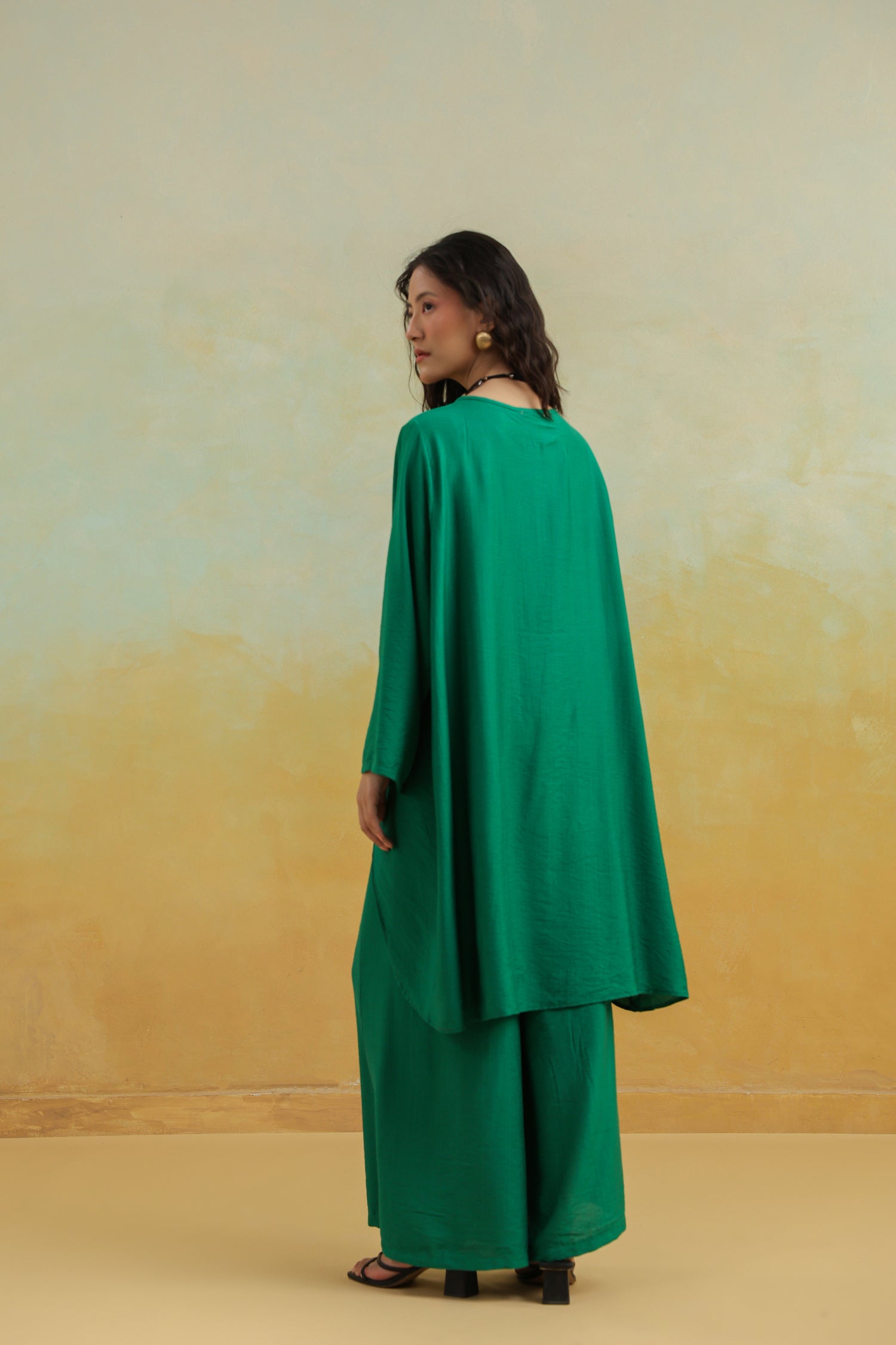 Dark Green Anti fit Co-Ord Set | Cotton Silk Top & Wide Palazzo