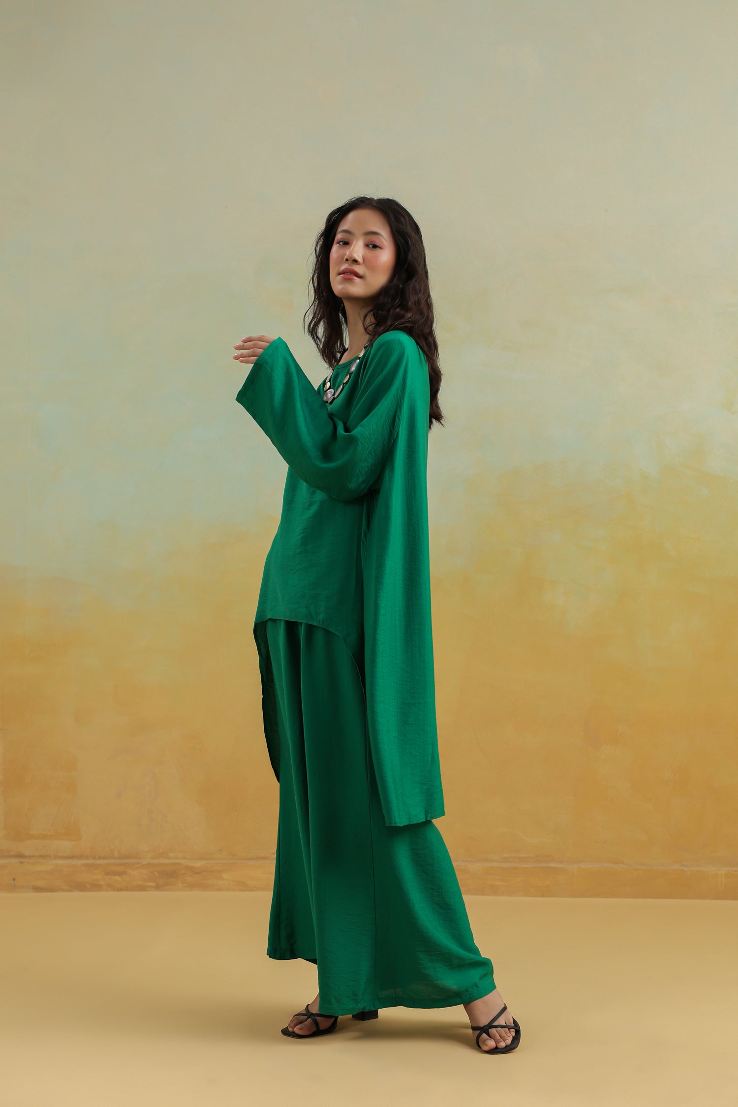 Dark Green Anti fit Co-Ord Set | Cotton Silk Top & Wide Palazzo