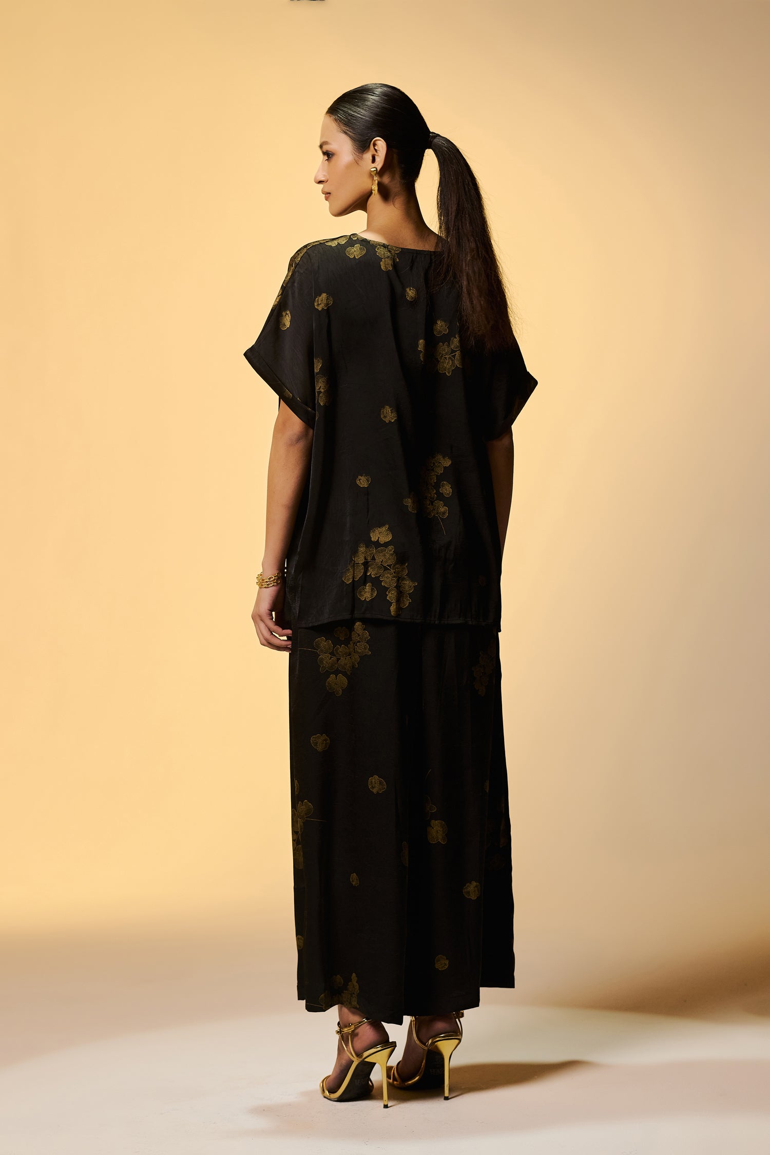 Party Wear Black Silk Co Ords Set With Golden Foil Print