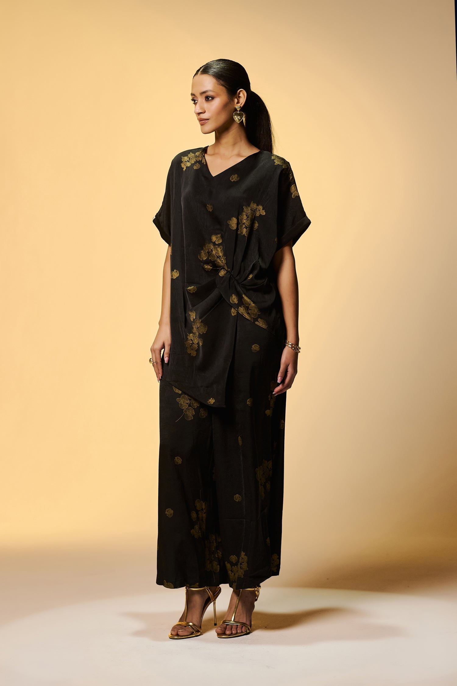 Party Wear Black Silk Co Ords Set With Golden Foil Print