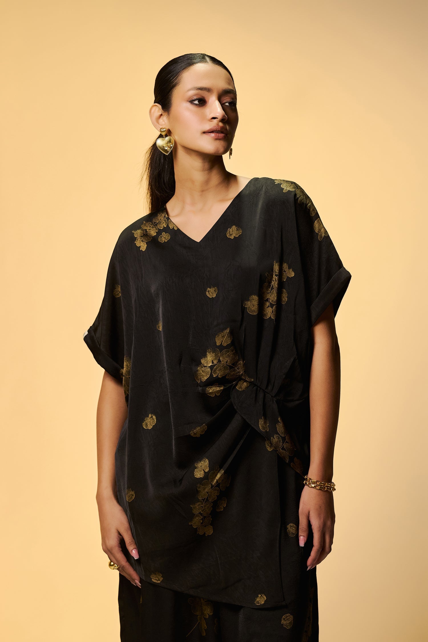 Party Wear Black Silk Co Ords Set With Golden Foil Print