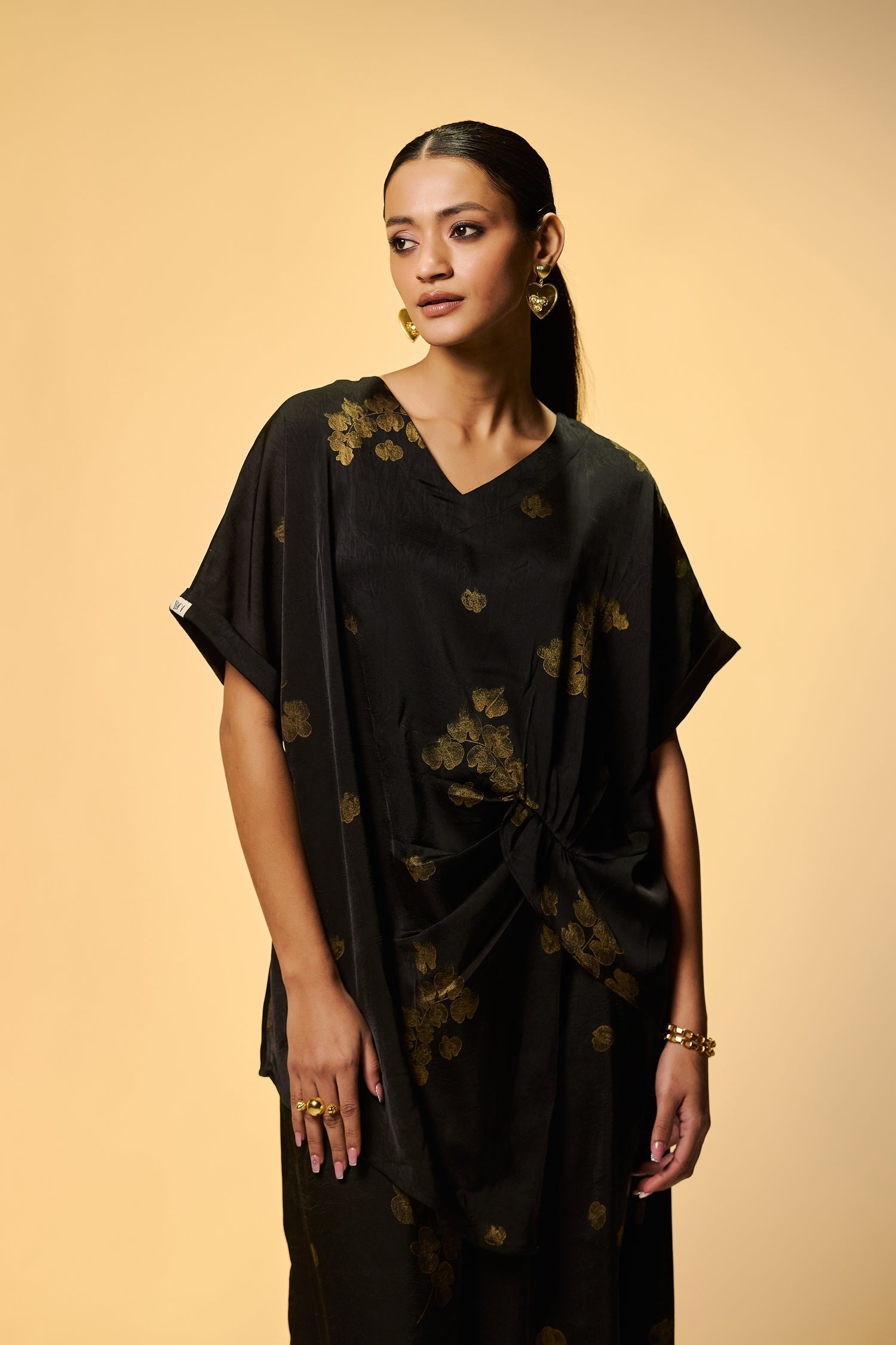 Party Wear Black Silk Co Ords Set With Golden Foil Print