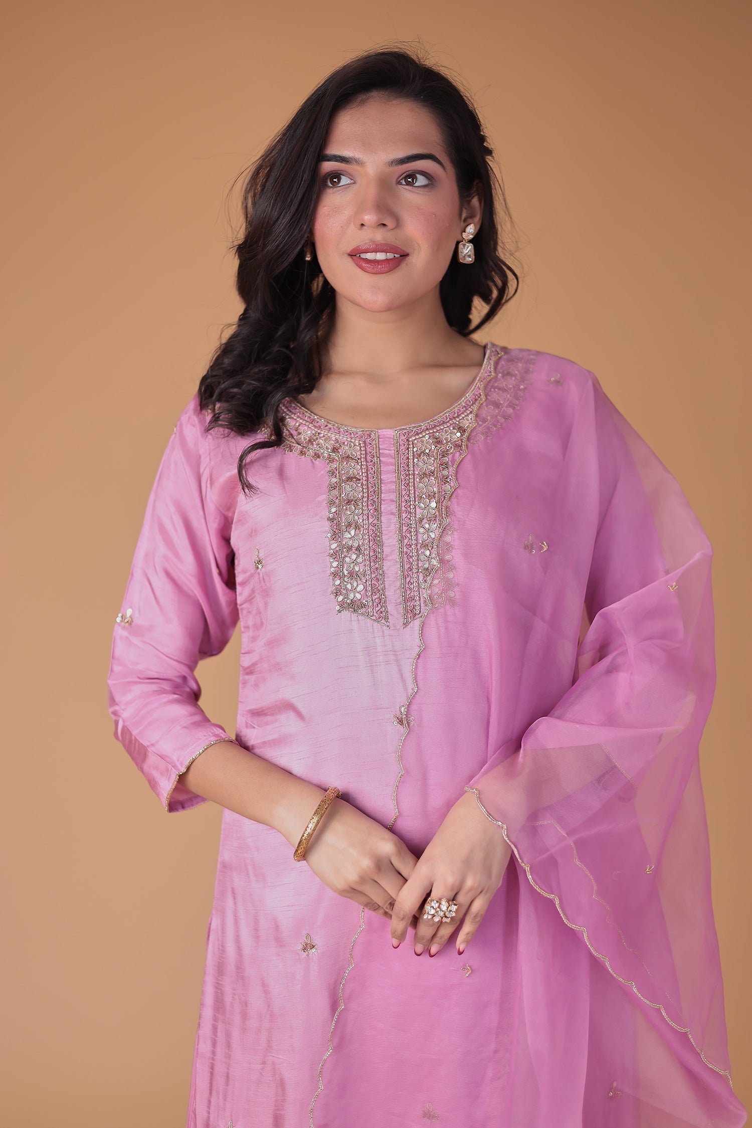 Silk Blend Suit with Thread and Zardozi work